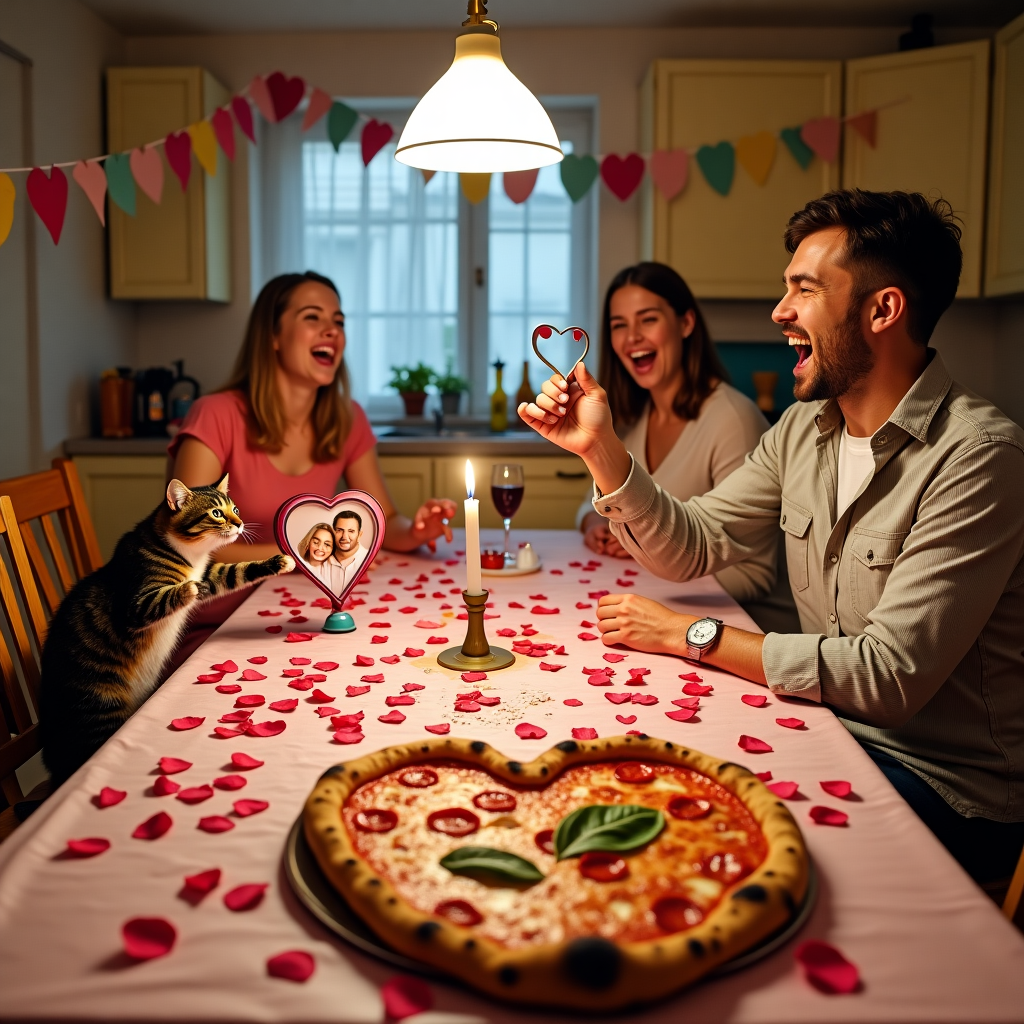 In the vibrant scene of an anniversary dinner that went humorously awry, imagine a long dining table in a cozy, quaint kitchen with a charmingly mismatched set of chairs. The focal point is a heart-shaped pizza at the center of the table, slightly charred around the edges, with a triumphant sprig of basil topping its lopsided glory. Around the pizza, scattered in an almost celebratory chaos, are red rose petals, clearly intended for a more romantic ambiance, but now stuck to the floor with spilled wine. A mischievous cat is caught mid-leap, having just knocked over a heart-shaped candle, its wax now forming an abstract puddle on the tablecloth. On one side of the table, a couple is captured in the throes of laughter, the woman clutching a heart-shaped photo frame with a candid picture of the couple pulling faces, while the man is holding up a large spoon, pretending it’s a microphone. Behind them, a garland of colorful paper hearts stretches across the kitchen cabinets, a testament to their spirited, albeit imperfect, celebration. The scene is a delightful mess of love and laughter, perfectly imperfect, capturing the essence of real-life romance with a twist of humor.
Generated with these themes: heart.
Made with ❤️ by AI.