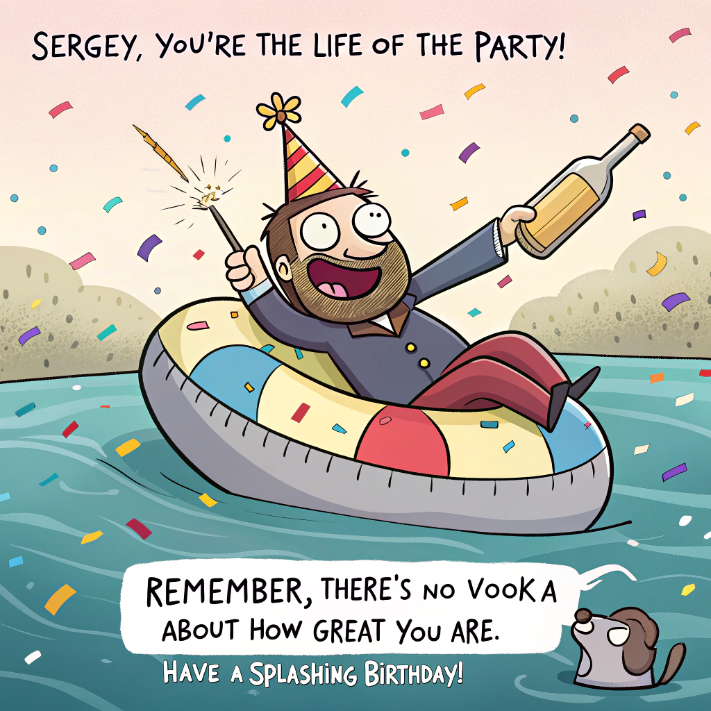 At the top of the image, "Sergey, you're the life of the party!":

At the bottom of the image, "Remember, there's no 'vodka' about how great you are – have a 'splashing' birthday!"

- In the center of the image, illustrate a whimsical scene where Sergey, a fun-loving character with a quirky grin, is joyfully floating on a giant inflatable vodka bottle in a sea of colorful confetti. His party hat is slightly askew, and he holds a cocktail umbrella while a small group of cartoon animals wearing sunglasses cheer him on from the shore.
Generated with these themes: Drinking, Vodka, and .
Made with ❤️ by AI.