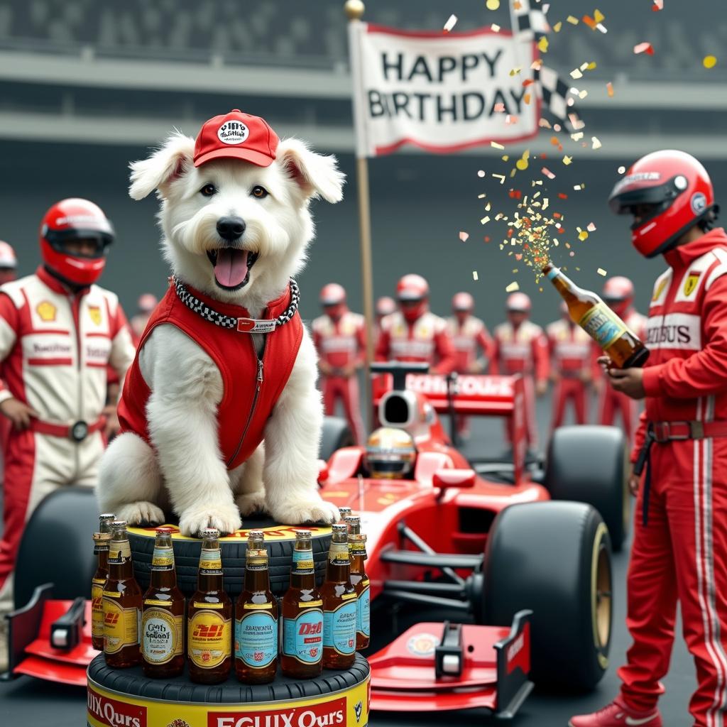 In the center of a bustling Formula 1 pit stop, a jubilant white fluffy dog wearing a pit crew hat is perched on a stack of tires, each adorned with bold, colorful racing stripes. Around the dog's neck hangs a festive birthday banner, decorated with tiny paw prints and checkered flags, adding to the celebratory atmosphere. The pit crew, clad in uniforms emblazoned with various car brands and sponsor logos, gathers around a sleek F1 car, its hood raised to reveal an engine ingeniously constructed from beer bottles, showcasing labels from a special birthday brew. Each bottle cap is intricately designed to resemble miniature steering wheels, blending the worlds of racing and revelry. Nearby, a table is adorned with a birthday cake shaped like a trophy, featuring icing that mimics a racetrack, while marzipan representations of iconic F1 cars race around its tiers. In the background, a large banner displays a checkered flag spiraling into festive streamers, with the words "Happy Birthday" elegantly inscribed in a font that evokes the speed of cars. Adding a humorous touch, a bottle of beer erupts from one of the 'engine' bottles, corked with a party popper, showering the scene with confetti, symbolically merging the joy of a birthday celebration with the exhilarating spirit of race day. 

Summary: This vivid scene captures a playful fusion of celebration and competition, where a fluffy dog, beer bottles, and the excitement of Formula 1 come together in a whimsical birthday festivity.  
Generated with these themes: Little white fluffy dog, Beer, Formula 1, and Cars.  
Made with ❤️ by AI.