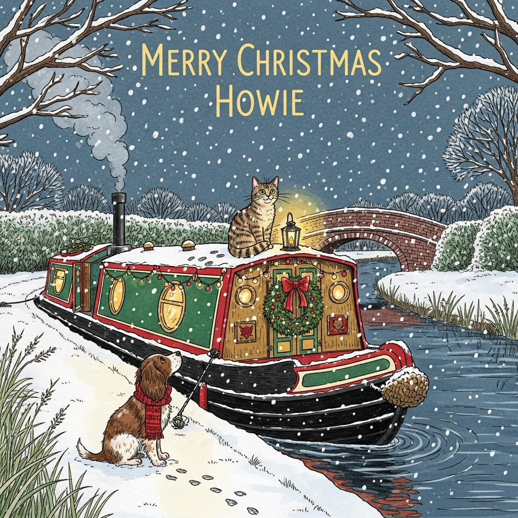 Narrowboat, tabby cat,  spaniel, snow , and Christmas Card