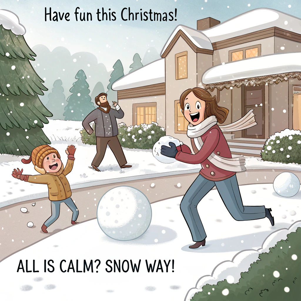 Family having a snow ball fight, and Christmas Card
