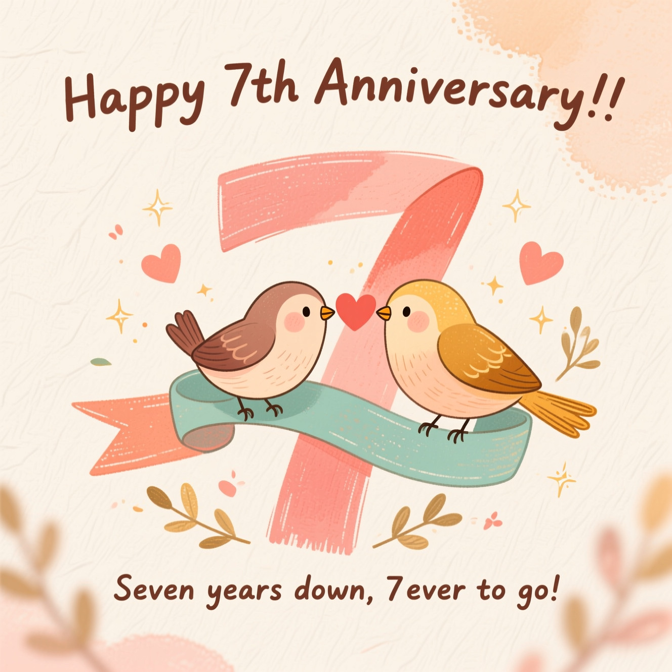 At the top of the Illustration Style image, "Happy 7th Anniversary!!"

At the bottom of the image, "Seven years down, 7ever to go!"

- In the center, feature a large, hand-drawn ribbon forming a playful number 7, with two adorable lovebirds perched on it, beaks nearly touching to suggest a tiny heart between them.
- Keep the composition balanced and text-first: the headline bold and warm at the top, the punchline small and cheeky at the bottom; the illustration is sweet and supportive, not overpowering.
- Style: fine, slightly wobbly linework; textured brush strokes with a soft watercolor wash; warm, expressive palette (blush, peach, coral, golden saffron, soft terracotta) with a gentle sage/teal accent.
- Add cute, minimal details: floating heart sprinkles, tiny sparkles, and delicate sprigs around the 7; subtle paper grain in the background.
- Lettering: hand-lettered, friendly script for the headline with a subtle shadow; the punchline in a clean, rounded sans-serif; both crisp and legible.
- Soft vignette glow around the birds and the 7 to enhance the cozy, cute mood.
Generated with these themes: .
Made with ❤️ by AI.