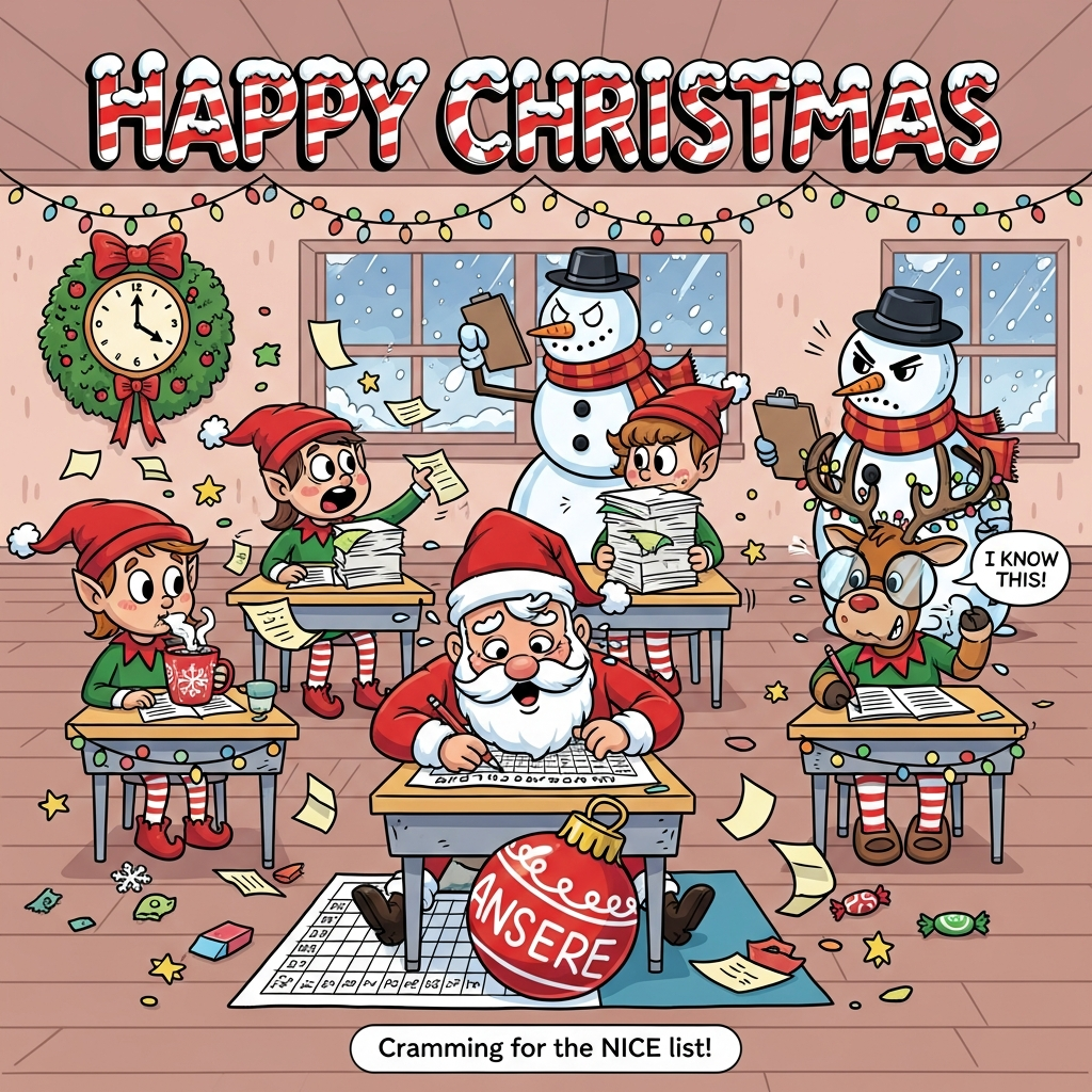 At the top of the Cartoon Style image, the text "Happy Christmas" in big candy-cane striped letters with snowy frosting and a chunky black outline.

Playful, funny Christmas cartoon scene with exaggerated characters, thick outlines, bright saturated colors, and energetic poses: A festive exam hall where Santa is hilariously squeezed into a teeny school desk, sweating comically as he bubbles answers on an oversized ornament-shaped answer sheet with a candy-cane pencil. Three zippy elves cram at nearby desks, notes flying like snowflakes; one gulps cocoa with giant marshmallows, another peeks over a towering stack of notes, eyes wide. A bespectacled reindeer with tinsel-tangled antlers furiously scribbles, one hoof raised mid-“I know this!” while fairy lights bounce off its glasses. In the back, a stern snowman invigilator in a scarf patrols with a clipboard, coal eyebrows arched. The room sparkles with festive touches: wreath-shaped clock edging toward midnight, twinkly lights draped over desks, snow drifting past frosted windows, star-shaped erasers and candy wrappers on the floor. Exaggerated proportions, big expressive eyes and rosy cheeks, thick black outlines, bold reds/greens/icy blues/gold accents, simple cel shading and lively motion lines for a whimsical, high-energy vibe.

At the bottom of the image, a small cheeky caption reads: "Cramming for the NICE list!"

No other readable text.
Generated with these themes: Exams, and .
Made with ❤️ by AI.