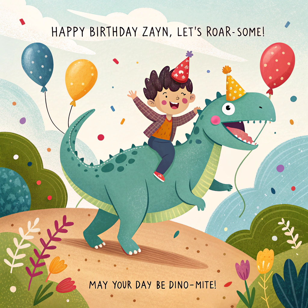 At the top of the image, "Happy Birthday Zayn, Let's Roar-some!":

At the bottom of the image, "May your day be Dino-mite!"

- Create a vibrant cartoon scene featuring a playful dino boy with a spiky tail and tiny arms, wearing a party hat. He is joyfully riding on the back of a friendly, oversized dinosaur, both surrounded by colorful balloons and confetti. The dinosaur is smiling widely, exuding a sense of fun and adventure.
Generated with these themes: Dinosaur , dino boy, and .
Made with ❤️ by AI.