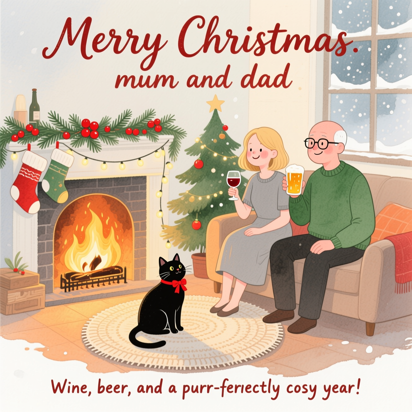 At the top of the Watercolor Style image, "Merry Christmas mum and dad"

At the bottom of the image, "Wine, beer, and a purr-fectly cosy year!"

- Central scene in soft, cute watercolor: a glowing log-fire living room. A sleek black cat with a tiny red ribbon sits contentedly on a round knitted rug right in front of the crackling hearth, golden embers softly blooming into the paper.
- To the side, a smiling couple on a comfy sofa: the woman has shoulder-length blonde hair and wears a simple grey straight dress with half sleeves, gently sipping red wine; beside her, her husband with white short hair balding on top, wearing a green sweater and silver-framed glasses, raises a frothy amber beer. Their cheeks are rosy and their poses relaxed, radiating warmth.
- Festive details: pine garland with red berries draped over the mantel, a pair of cosy stockings, fairy lights twinkling softly, a modest Christmas tree with pine-green washes and subtle ornaments, window panes kissed with snowy speckles outside.
- Style notes: soft watercolor washes, delicate gradients, subtle pigment blooms, and visible cold-pressed paper texture. Wet-on-wet glow for the firelight, gentle dry-brush for the cat’s fur, minimal outlines, rounded shapes, and a warm, cute mood.
- Palette: ember oranges, holly reds, pine greens, soft greys, and winter whites, with tiny hand-splattered white paint for snow sparkle.
- Typography: top headline in large, hand-lettered watercolor script with subtle gold-fleck accents; bottom punch-line in smaller playful brush lettering, spaced with airy negative space so the text and cosy scene share the spotlight.
Generated with these themes: Woman with shoulder length blonde hair, with grey straight dress with half sleeves drinking red  wine with husband with white short hair, green  bald at top, with  green sweater and silver glasses on face drinking beer, Black cat in front of log fire, and .
Made with ❤️ by AI.
