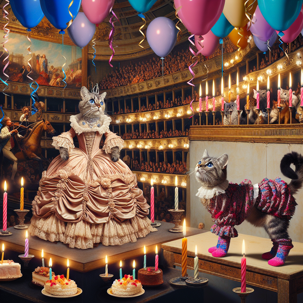 Set against a background filled with festive balloons and streamers, an enchanting scene is taking place: A cat, dressed in an extravagant 16th-century gown with ruffles cascading down its ample skirts, is performing melodious arias on a grand opera stage that brings back the memory of Vienna's golden age. The glint of opera glasses in the audience reflects the flickering of birthday candles. In contrast, another cat displays a sense of modern style, its slim body adorned in avant-garde fabric folds akin to late 20th-century fashion designs, with trendy sock-like footwear, creating a surprising mix of historical periods in the midst of birthday celebrations.
Generated with these themes: A cat in a historical dress from the 16th century, Singing in the opera in Vienna, and Another cat wearing issey miyake and sock shoes looking cool.
Made with ❤️ by AI.