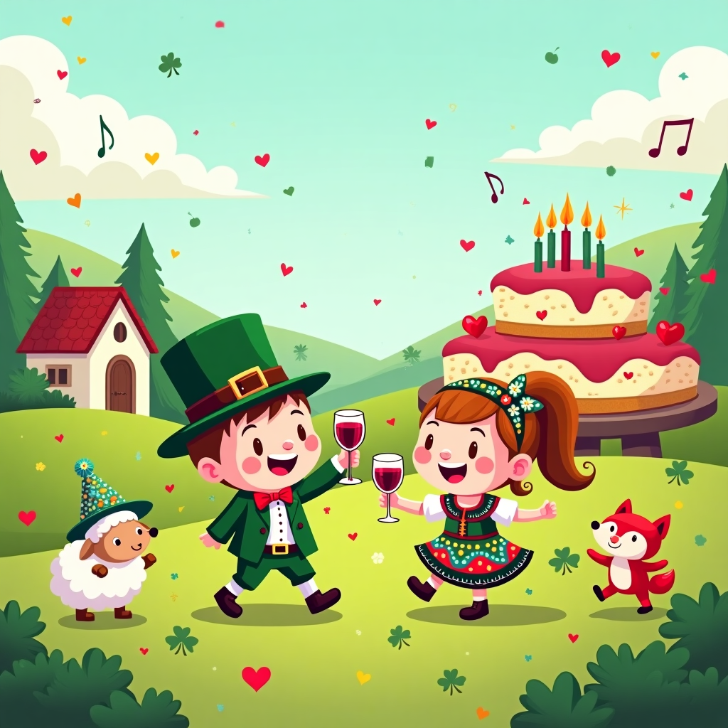Of course! Here’s the finished prompt following your instructions:

---

At the top of the cartoon image, **"Joanna, time to wine, tiramisu, and jig your birthday away!"**

Create a cute cartoon image showing a lively birthday party scene set in a vibrant green meadow blending elements from both Ireland and Poland — imagine a patchwork of rolling Irish hills with cozy Polish cottages in the background.  

Front and center, two adorable cartoon characters — one dressed like a leprechaun (green suit and all) and the other in a colorful traditional Polish folk outfit — are happily dancing together, holding glasses of red wine.  

Around them, little happy cartoon animals (a sheep wearing a tiny Polish hat, and a red fox doing a jig) are joining the dance.  

A giant, towering, delicious cartoon tiramisu sits on a nearby table decorated with candles and clovers, looking temptingly wobbly.  

The whole scene should be bursting with warm colors, confetti flying in the air, musical notes swirling, and hearts and clovers dotted throughout to keep it cheerful and cute.  

Make the characters round, soft, and joyful in design — with big sparkly eyes and exaggerated funny movements to heighten the humor and celebratory mood.

---

Would you like a second variation that's a little sillier or more romantic? 🎉🍷🎂
Generated with these themes: Red wine, Tiramisu, Ireland, Poland, and Dancing.
Made with ❤️ by AI.