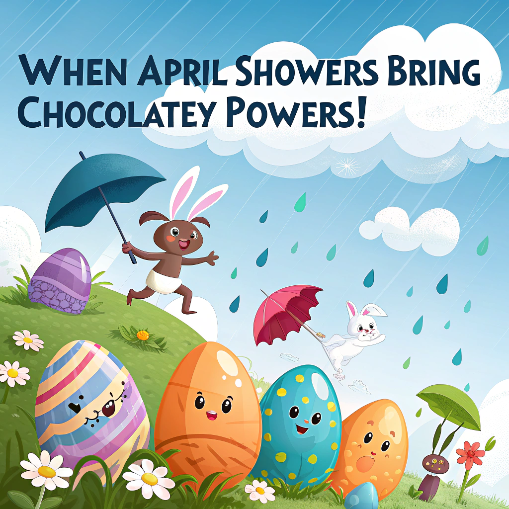 At the top of the image, "When April Showers Bring Chocolatey Powers!"

- In the center of the illustration, depict a bright blue sky filled with fluffy, exaggerated cartoon clouds.
- From the clouds, have a comical downpour of oversized, multicolored Easter eggs falling in a rain-like pattern.
- Some of the eggs have surprised cartoon faces as they fall, flailing little arms.
- Below the raining eggs, illustrate a group of goofy-looking bunnies holding up umbrellas—some using lettuce leaves, some real umbrellas, all struggling as the egg-storm rains down.
- One bunny is lying flat on the ground, egg-cracked with stars spinning over its head, playfully dazed.
- The background has a cheery green meadow, dotted with jellybeans and wildflowers reacting to the chaos.
- Make sure the whole mood is zany, whimsical, and irresistibly silly—like Easter exploded in cartoonland.
Generated with these themes: Blue and fluffy clouds sky with many multicolored easter eggs raining down.
Made with ❤️ by AI.