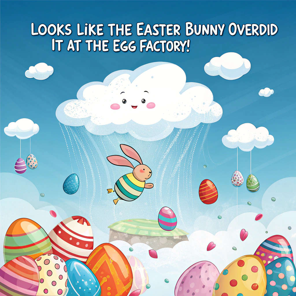 At the top of the image, "Looks like the Easter Bunny overdid it at the egg factory!"

- Create a whimsical illustration of a bright blue sky filled with big, fluffy cartoon-style clouds.  
- From the clouds, have a comical "rain" of multicolored Easter eggs falling in every direction—striped, polka-dotted, sparkly, and even egg-shaped like jellybeans.  
- Some of the eggs have tiny parachutes, others are plummeting wildly like skydivers with googly eyes drawn on.  
- Below the raining eggs, include surprised cartoon animals: a wide-eyed sheep wearing a raincoat and holding an upside-down umbrella filled with eggs, a rabbit wearing sunglasses ducking behind a bush, and a duck trying to dodge an egg midair like it's dodgeball.  
- Add a sunny, cheerful palette to emphasize the joyful chaos, with expressive, exaggerated reactions on each character for added humor.
Generated with these themes: Blue and fluffy clouds sky with many multicolored easter eggs raining down.
Made with ❤️ by AI.