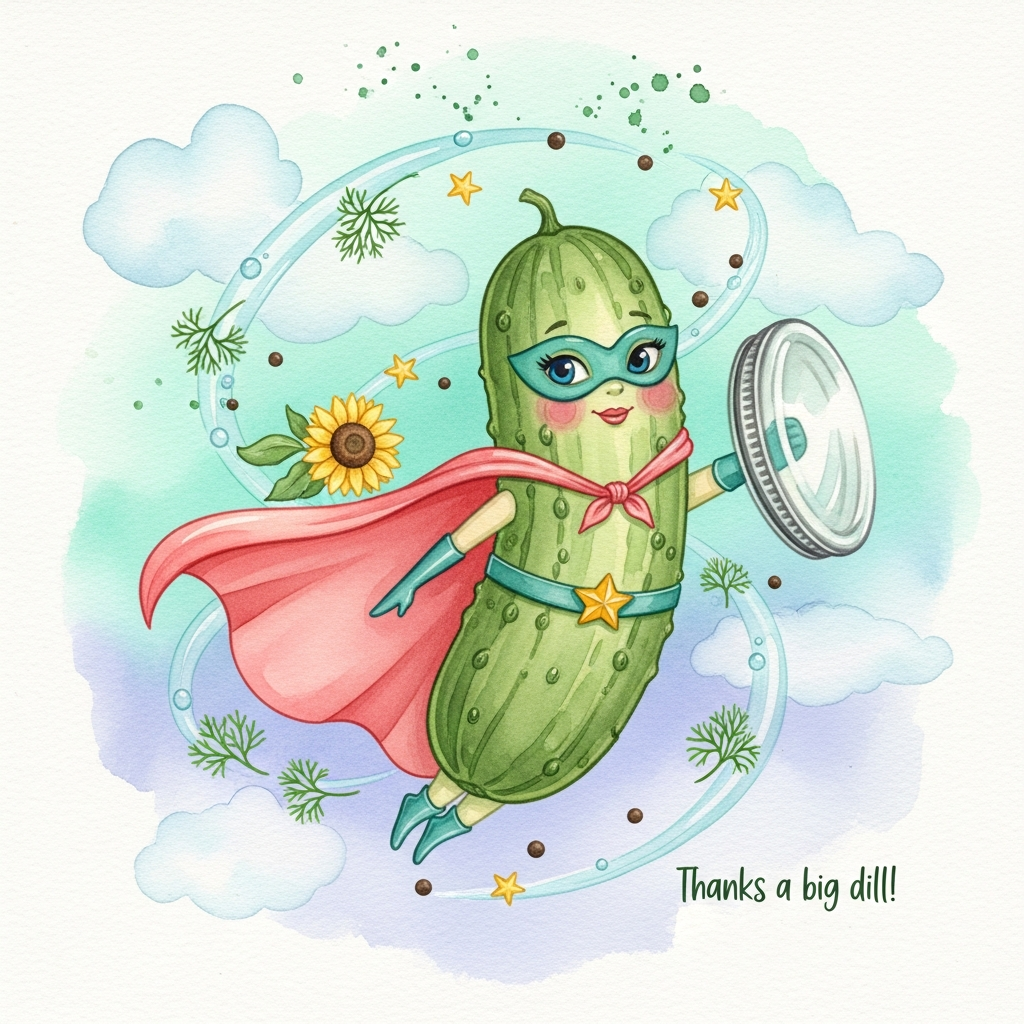 Watercolor illustration of a cute female pickle superhero soaring mid-air, large central figure. She’s an anthropomorphic pickle with gentle bumps, rosy cheeks, bright eyes, and a confident smile, wearing a flowing coral-pink cape, tiny teal mask, star belt, and little boots. She holds a gleaming glass jar lid as a shield while swirls of translucent brine, peppercorn “stars,” and delicate dill fronds spiral around her like magical effects. Soft sky wash backdrop in mint-to-periwinkle gradients with airy clouds, subtle paint blooms, and natural cold-pressed paper texture. Emphasize soft wet-on-wet washes, delicate gradients, feathery edges, and a few crisp wet-on-dry details on the character’s face and accessories for focus. Cute, buoyant mood with plenty of breathing room and negative space.

Palette: fresh pickle greens, mint, lime; coral-pink cape; sunflower yellow highlights; periwinkle sky; deep sap green accents.

Lighting: gentle, diffuse daylight glow with soft watercolor speckles and backruns to add charm.

Caption text on image (small): “Thanks a big dill!” in hand-lettered watercolor brush script, deep sap green with slight pigment bloom, placed near the lower right, unobtrusive but readable.

Notes: vertical portrait composition, large subject, minimal background clutter, no hard outlines, keep everything soft, airy, and whimsical.
Generated with these themes: Female Pickle superhero, and .
Made with ❤️ by AI.