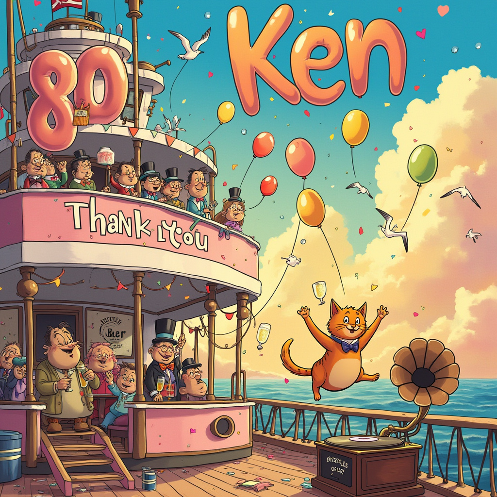 In this vibrant and whimsical cartoon scene, a jubilant celebration unfolds aboard the "S.S. Ken." The boat is a charming, vintage-style paddle steamer with a distinctively pink hull and adorned with pastel-colored bunting flapping in the breeze. Center stage is an endearing orange tabby cat, sporting a tiny sailor hat and bow tie, twirling merrily on its hind legs as if engaged in a joyous dance. Scattered around the deck are oversized "80" balloons, playfully bouncing in rhythm with the cat's dance. The scene captures the joyous chaos of the celebration, with a whimsical nod to the comic antics reminiscent of Gary Larson's humor.

On one side of the deck, a quirky assembly of anthropomorphic characters, reminiscent of a Walt Disney or Osamu Tezuka ensemble, join the festivities. They are raising flutes of sparkling champagne in a toast. The glasses clink together, sending tiny bubbles cascading into the air. Some characters wear top hats, while others sport colorful bow ties, enhancing the celebratory atmosphere.

In the background, the sky is a brilliant watercolor wash of sunset hues, with puffy clouds strategically shaped to spell out "Thank You, Ken!" in swirling, elegant letters, a creative nod to Hergé's sense of hidden messages. Below the clouds, seagulls dip and dive, adding a dynamic sense of motion to the scene.

The deck itself is scattered with confetti and streamers, while a vintage phonograph with a large brass horn provides the music, drawing inspiration from Bill Watterson’s attention to quirky details. The phonograph spins a vinyl record labeled "Greatest Hits of Ken," an inside joke among the revelers. The whole scene comes together in a lively cacophony of color and movement, capturing the spirit of gratitude and celebration in a way that Charles Schulz himself might appreciate, albeit with a bit more surreal humor.
Generated with these themes: Boat, Cat, Eighty, Dance, Champagne, and Pink.
Made with ❤️ by AI.