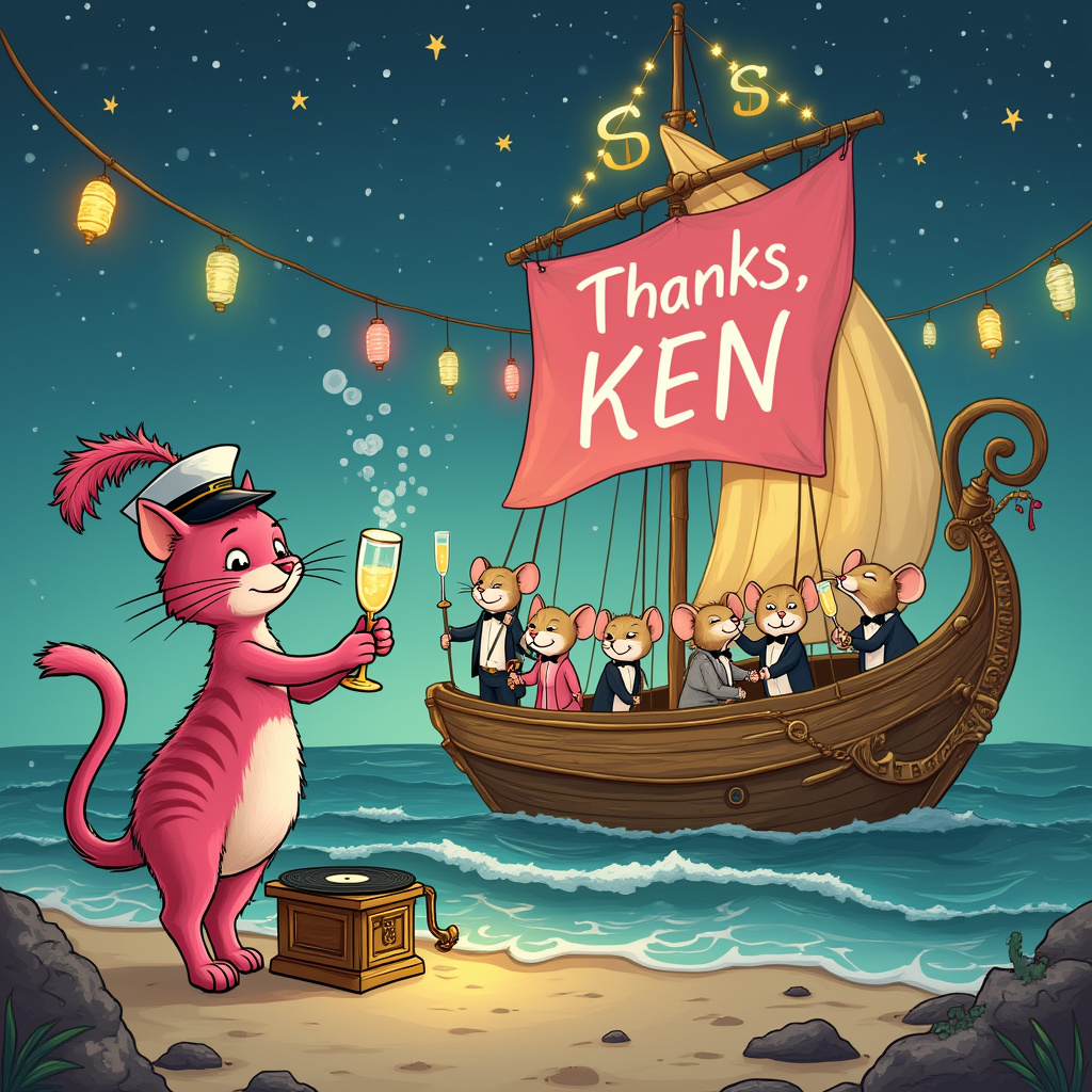 Picture a whimsical cartoon scene bursting with quirky charm: a vibrant pink cat, standing on its hind legs, is mid-tango with a vintage phonograph. This is no ordinary cat—it wears a tiny sailor hat with an oversized feather plume swaying in time with its energetic dance moves. Behind the duo, a grand eighty-year-old wooden sailboat rests at the shore, painted in pastel blues and yellows. The boat, with its intricately carved figurehead shaped like a dancing champagne flute, proudly flaunts its name "SS Thankful" emblazoned in golden script along the side.

The deck of the boat is alive with a festive celebration; eight anthropomorphic mice, each dressed in tuxedos, are raising tiny champagne glasses in a synchronized toast. They've strung up a string of colorful paper lanterns that light up the boat with a warm glow, their hues reflecting off the champagne bubbles rising into the air. Among the lanterns, a large pink banner waves, with "Thanks, Ken!" written in bold, jazzy letters, artistically integrated into a cloud of effervescent bubbles floating above.

The scene is set against a twilight sky filled with twinkling stars, each one carefully placed to outline the word "KEN" as if the universe itself is joining in the gratitude. The calm ocean in the background mirrors the night sky, speckled with dancing reflections of the festivities. The entire scene is framed by a border of playful waves, their crests dotted with comical, smiling fish peeking above the surface, sharing in the joy and offering their thanks in this delightful spectacle.
Generated with these themes: Boat, Cat, Eighty, Dance, Champagne, and Pink.
Made with ❤️ by AI.