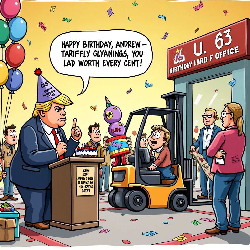 At the top of the cartoon image, "Happy Birthday, Andrew—Tariffly speaking, you're worth every cent!"

**Prompt for the image:**

A colorful cartoon illustration showing a bustling birthday customs checkpoint, complete with balloons, confetti, and a "U.S. Birthday Tariff Office" sign. A grumpy caricature of Donald Trump stands at a podium wearing a "Make Birthdays Great Again" party hat, blocking a giant cake on a forklift with a stern finger and saying, "Sorry, Andrew’s cake is subject to 100% frosting tariff!" Meanwhile, Andrew—depicted as a surprised cartoon character in a party outfit—is peeking around the corner holding a bunch of balloons labeled “Joy,” “Laughter,” and “Surprise.” Confused partygoers queue behind with gifts marked “FUN” and “Hugs,” nervously checking if their items are also being taxed. The background shows festive chaos as Uncle Sam is sneakily passing a piñata under the radar behind Trump. Bright colors, silly expressions, and exaggerated cartoon proportions give the whole scene a whimsical and absurdly bureaucratic birthday feel.
Generated with these themes: trump tariff on birthday .
Made with ❤️ by AI.