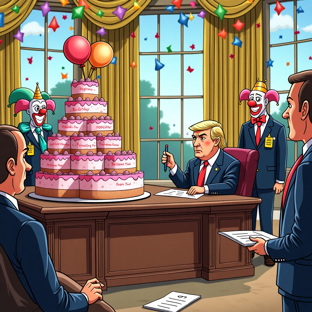 **Image Prompt:**

At the top of the cartoon image, *"Happy Birthday, Andrew – Now With 20% More Cake Tariffs!"*

A hilarious cartoon scene showing a mock “Oval Office” decked out in birthday streamers and balloons. A cartoonish Donald Trump, complete with signature hairstyle and exaggerated facial expressions, is sitting behind a massive desk stacked high with birthday cakes—each one labeled with ridiculous tariffs like “Frosting Fee,” “Candles Surcharge,” and “Balloon Tax.” He's holding a pen and about to sign an executive order titled “Birthday Import Tariffs,” while looking smugly at Andrew (a wide-eyed cartoon man holding a gift) who’s trying to sneak a slice of cake past border guards wearing “Department of Birthland Security” badges. A nearby chart reads “Birthday Joy Plummets Post-Tariff!” with a confused birthday clown testifying to Congress.  

Everything is cartoonishly colorful and chaotic, bursting with detail, birthday vibes, and over-the-top satire.
Generated with these themes: trump tariff on birthday .
Made with ❤️ by AI.