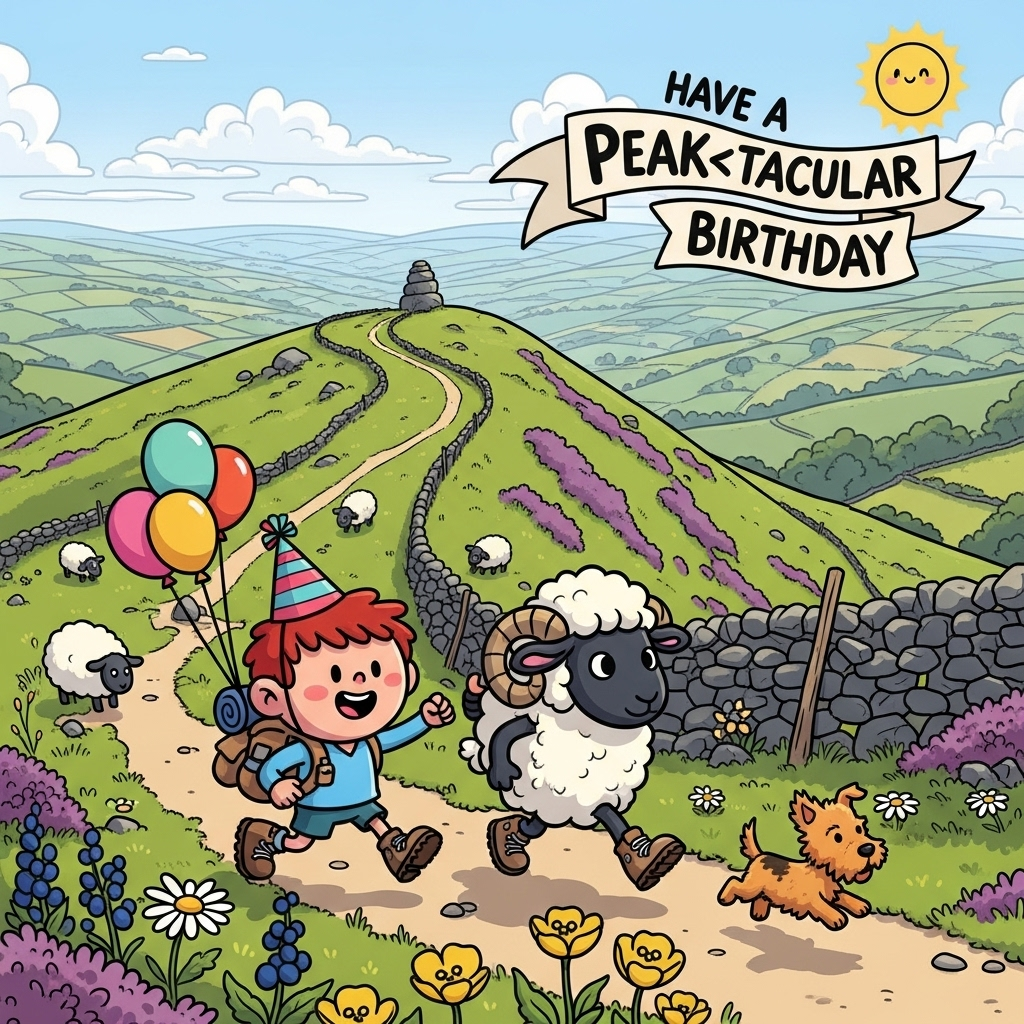 Playful cartoon style with exaggerated proportions, thick black outlines, and bright, saturated colors. A cheerful walking scene in England’s Peak District: a sweeping ridge path winds over rolling green hills dotted with purple heather and dry-stone walls. Foreground characters: two adorable, big-headed hikers with oversized boots and tiny legs stride energetically—one a rosy-cheeked kid wearing a party hat and a tiny backpack with colorful balloons bobbing, the other a fluffy cartoon sheep in hiking boots; a waggy-tailed terrier bounds alongside. Midground: curving ridge and cairns, sheep grazing, wildflowers (buttercups, daisies), gentle drystone walls. Background: hazy patchwork fields, distant gritstone edges, puffy clouds and a warm, smiling sun. Cel-shaded color, bouncy poses, cute expressions, clean uncluttered composition, image-first. Small, playful caption in the sky on a curved ribbon banner, bold hand-lettering with a thick outline: “Have a Peak‑tacular Birthday!” Bright, sunny lighting with crisp, soft-edged shadows. Avoid realism, avoid extra text or logos.
Generated with these themes: Walking, Peak District, and .
Made with ❤️ by AI.