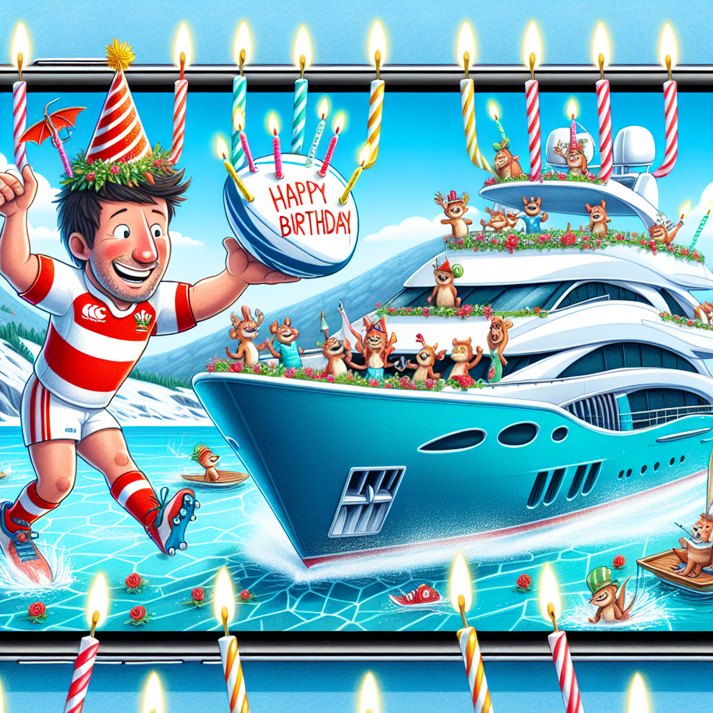 Create a delightful illustrated scene of a birthday celebration. The center of the scene displays an enthusiastic rugby player, identified as Caucasian, male, and Welsh by his red and white kit, ready to toss a rugby ball whimsically adorned with birthday candles. Close to him a vibrant, sleek yacht, identifiable as a Sunseeker model, glides over a bright blue icy ocean. A merry party of animated creatures are having fun on the deck of this vessel. The whole scene is encased in a huge make-believe mobile phone screen, cheerfully broadcasting birthday greetings and serving up photos that encapsulate joyous memories.
Generated with these themes: Welsh rugby, Sailing Sunseeker boats, and His mobile phone.
Made with ❤️ by AI.