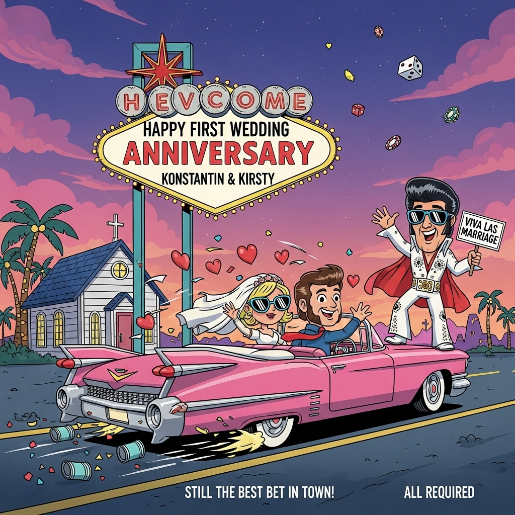 Playful cartoon with exaggerated proportions, thick black outlines, and bright saturated colors. Vertical, full-bleed composition bursting with energy and humor. Scene: At neon-lit twilight, Konstantin and Kirsty zoom away from a little white Las Vegas wedding chapel in a shiny Elvis-pink 1950s Cadillac convertible with huge chrome tailfins, hearts and confetti fluttering, tin cans bouncing behind, motion lines and sparkles showing speed. The couple are cute, stylized cartoons—big smiles, oversized sunglasses; Kirsty’s veil and Konstantin’s tie whip in the wind as they wave.

To the side, outside the tiny white chapel, a cheerful caricature of Elvis Presley (big pompadour, white rhinestone jumpsuit and cape, sunglasses) waves while holding a sign that reads exactly: “Viva Las Marriage”.

Dominating the sky is a big retro roadside sign styled like the classic Las Vegas welcome sign, with glowing marquee bulbs and a red starburst topper. In bold, celebratory letters it reads exactly: “Happy First Wedding Anniversary”. Directly beneath it, in one single line of glowing cursive neon, add the names exactly: “Konstantin & Kirsty”. Make the neon realistically glow and reflect off the Cadillac’s chrome.

Background: palm trees with twinkly lights, hints of casino silhouettes, oversized dice and poker chips as playful confetti, a rosy–purple sunset gradient sky. Palette: candy pinks, electric teals, neon reds, lemon yellows, deep blues; strong cel-shaded contrast. Overall vibe: fun, romantic, a little cheeky.

Include one small, cheeky caption at the bottom, centered and unobtrusive, as hand-lettered cartoon text: “Still the best bet in town!” Ensure all required text is crisp, legible, and integrated as signage/neon within the scene. No photo realism.
Generated with these themes: Konstantin & Kirsty cruise off from a little white Las Vegas chapel in a shiny Elvis-pink Cadillac, They are driving away from a little white chapel in Las Vegas, which has  Elvis Presley with  sign "Viva Las Marriage", Instead of the “Welcome to Las Vegas” sign, please show the words: “Happy First Wedding Anniversary” in the same style, Add “Konstantin & Kirsty” in one line, glowing like neon lights., and .
Made with ❤️ by AI.