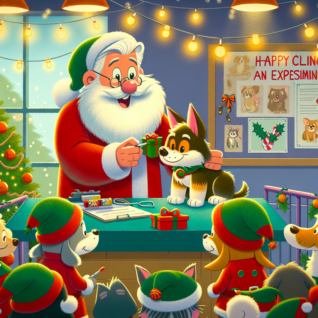 The scene unfolds in a warmly lit vet's office, where animated animals in elf costumes queue for their checkups. Laughter echoes as a cartoon vet with a bushy white beard, resembling Santa, wraps a gift-shaped bandage on a giggling pup's paw, under a banner that states 'Happy klinieken en examens' amidst hanging mistletoe and twinkling lights.
Generated with these themes: Vetenarians.
Made with ❤️ by AI.