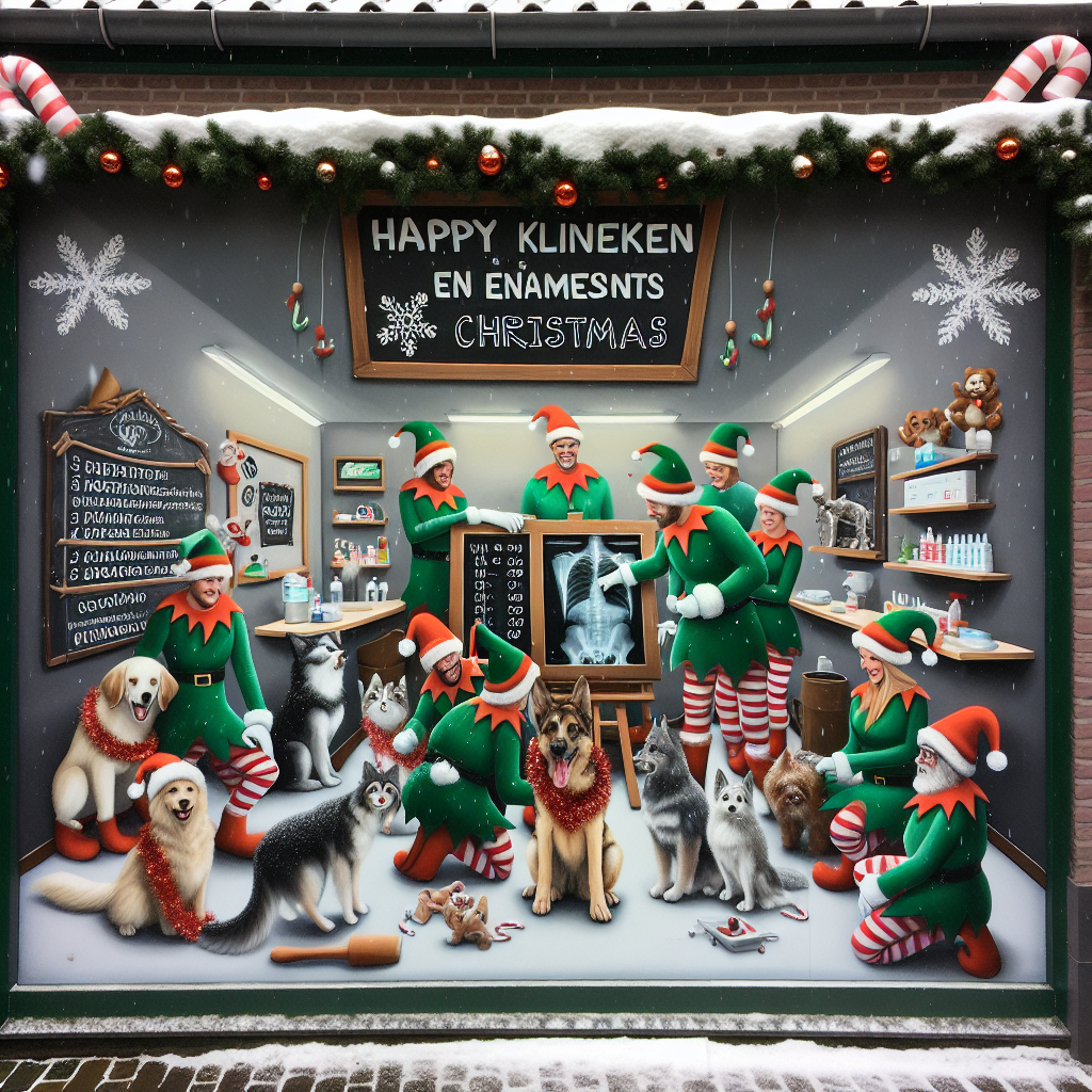 Snow flurries gently outside a vet clinic transformed into Santa's workshop, complete with vet elves assisting pets wrapped in tinsel. A large chalkboard features a cheerful countdown to Christmas, and in bold letters, 'Happy klinieken en examens' is written above a scene where pets partake in comical X-ray screenings, revealing candy canes in their bellies.
Generated with these themes: Vetenarians.
Made with ❤️ by AI.