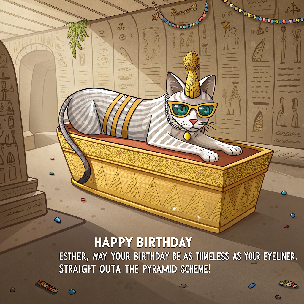 At the top of the image, "Esther, may your birthday be as timeless as your eyeliner—straight outta the pyramid scheme!"

- Depict a realistic, humorous photograph scene: An elegant Egyptian Mau cat reclining regally atop a golden sarcophagus, wearing pharaoh headgear and oversized birthday sunglasses.  
- The Mau is surrounded by birthday party chaos in an ancient Egyptian tomb—papyrus confetti in the air, hieroglyphic-covered stone walls featuring "Happy Birthday" scratched in.  
- Nearby, a partially unwrapped mummy is holding a balloon, and a tiny pyramid-shaped cake is topped with sparklers.  
- Warm desert sunlight spills through a crack in the tomb wall, casting dramatic, golden shadows over the hilariously out-of-place birthday bash.
Generated with these themes: Ancient egypt Mau cat.
Made with ❤️ by AI.