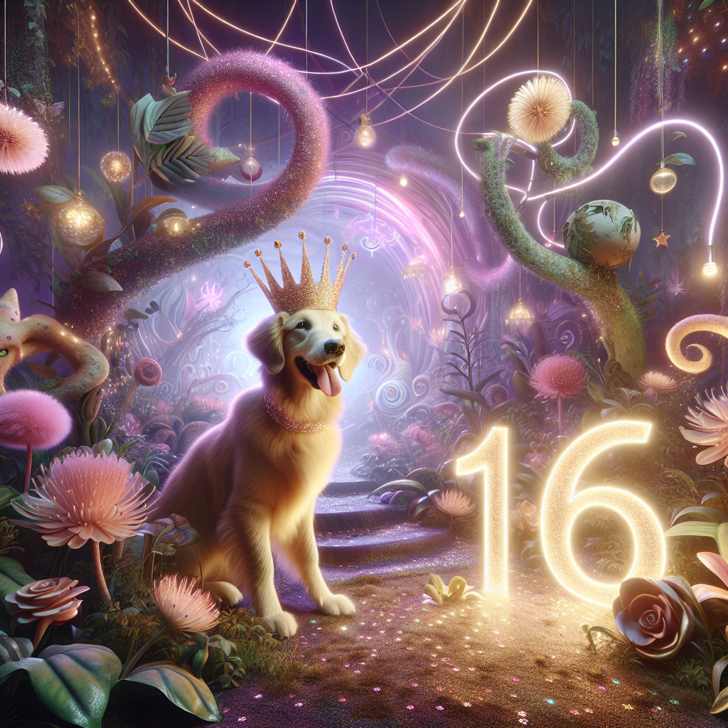 Visualize an otherworldly birthday setting, where an animated golden retriever wears a glittering crown, amidst a maze of plants with a soft ethereal glow. A bright shining number '16' is floating beside the endearing canine, celebrating a milestone birthday. Around, a mysterious array of foliage spirals, dotted with imaginative flowers and radiant festive symbols, crafting an unusual ambiance for the landmark event.
Generated with these themes: 16 years old birthday, Golden retriever , Plants, and Niece.
Made with ❤️ by AI.