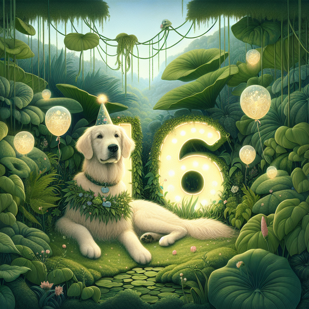 An ethereal garden scene, featuring a golden retriever sporting a party hat as it sits amidst oversized and lush greenery. The plants tower over, creating a dense and dreamlike canopy of foliage. In the heart of the scene, a whimsical numeral '16' is illuminated, glowing with a soft golden hue, signifying the birthday celebration of a beloved niece. Vines, carrying dainty balloons, twist and weave their way through the lush vegetation, adding further to the whimsical charm of this surreal birthday illustration.
Generated with these themes: 16 years old birthday, Golden retriever , Plants, and Niece.
Made with ❤️ by AI.