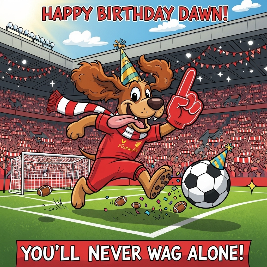 At the top of the Cartoon Style image, Happy Birthday Dawn!

Portrait, image-first composition. Center stage: a bouncy cartoon spaniel dog in lively Liverpool-red home colors (red jersey and scarf with white stripes), huge floppy ears flying, tongue out, mid-dribble with an oversized football. The ball has a tiny party hat and leaves a confetti trail shaped like little footballs. The spaniel wears a wonky birthday cone hat and a big red foam finger, striking an exuberant, energetic pose. Behind, an Anfield-like stadium packed with a sea of red scarves and flags, all in bright saturated colors, thick black outlines, and whimsical, dynamic action lines. The goal net is decorated with red-and-white bunting; grass is rich emerald with bold shadows. Sunny stadium glow, sparkles, and playful motion blur for comedic zing. No official logos.

Add small extra text: at the bottom on a pitch-side banner, “You’ll Never Wag Alone!” in bold, chunky, playful lettering.
Generated with these themes: Football, Liverpool , Spaniel dog , and .
Made with ❤️ by AI.