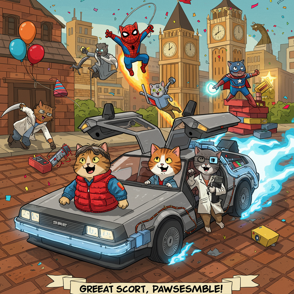 At the top of the Cartoon Style image, Happy Birthday Toby!
Big, funny, high-energy cartoon scene with exaggerated proportions, thick black outlines, and bright saturated colors: a brick-built DeLorean time machine power-slides through a toy-brick street, blue time-lightning crackling. A chonky tabby “Marty” cat in a red puffer vest leans out of the open gullwing door grinning; a wild-haired tabby “Doc” in a lab coat waves a chunky remote. Overhead, a tabby Spider-Cat swings on a yarn web; an Iron Cat zooms past with glowing paw-repulsors; a Captain Ameowrica tabby poses atop stacked bricks with a paw-star shield. Background: whimsical brick city and a big clock tower; confetti, balloons, and playful motion lines everywhere. Keep poses dynamic, expressions silly, and colors bold.
At the bottom, add one cheeky line in a small ribbon or speech bubble: Great Scott, Pawssemble!
Generated with these themes: Lego, marvel, back to the future, tabby cats, and .
Made with ❤️ by AI.