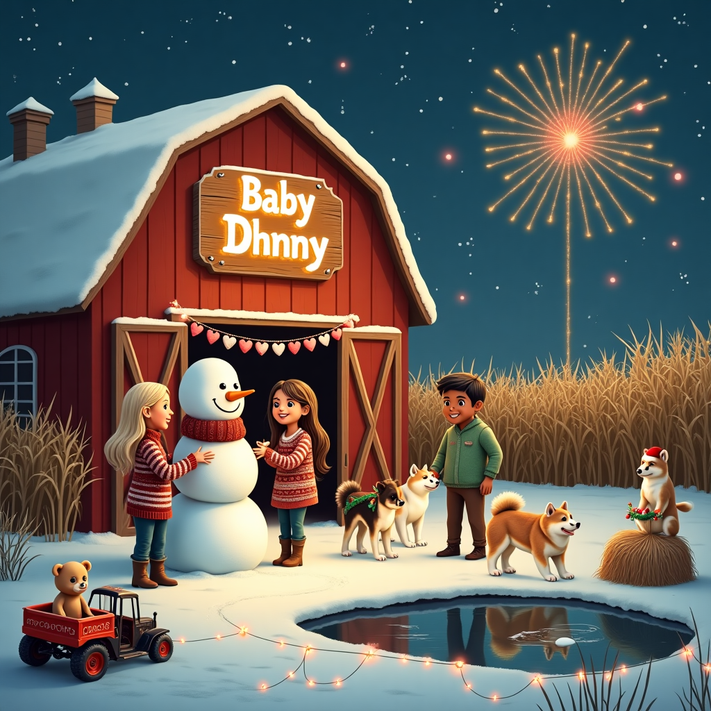 The scene unfolds in a whimsical, surreal farm setting under a crisp winter wonderland sky. At the center, a glowing red barn is blanketed with sparkling snow, and a giant rustic wooden sign hangs above its wide doors, announcing "Baby Dhunny" in twinkling lights as if captured from the night sky itself. To the left of the barn, a large, lovingly crafted snowman wears a scarf knitted from strands of red and green, with a heart-shaped carrot nose. Standing proudly beside it is the pregnant mother with flowing blonde hair, dressed in a cozy, knitted maternity sweater with festive patterns. To her right are two sisters with long, brown hair, giggling as they attempt to decorate the snowman with a garland of tiny paper hearts, one heart for every day until 2025.

The father, with his light brown skin and short black hair, is positioned in front of a large, bountiful cornfield dusted with frost. He's gently leading four Akita dogs: a majestic white one, a striking white-and-black one, and two warm brown ones, each wearing a miniature Santa hat. Nearby, a charming teddy bear peeks out from a basket atop a haystack, wrapped snugly in a Christmas-themed blanket adorned with stars and fireworks, hinting at the upcoming celebrations.

In the foreground, a small pond is frozen over, reflecting a sky ablaze with festive fireworks, painting strokes of vibrant colors across the snow. Amidst this wondrous scene, snowflakes dance delicately down, catching the light from the barn's illuminated sign, casting a magical glow. A tiny, vintage tractor rests beside the barn, draped with strings of heart-shaped fairy lights. This surreal blend of farm life, family warmth, and winter magic paints a unique celebration for the coming of baby Dhunny.
Generated with these themes: Farm, Baby coming soon in 2025, Winter wonderland, Heart, Realistic, 2 sisters brown long hair, Pregnant mother with blonde hair , Father light brown skin and short black hair, 4 dogs akita, one white akita, one white black akita, two brown akita, Teddybear, Christmas , Firework, and Snow.
Made with ❤️ by AI.