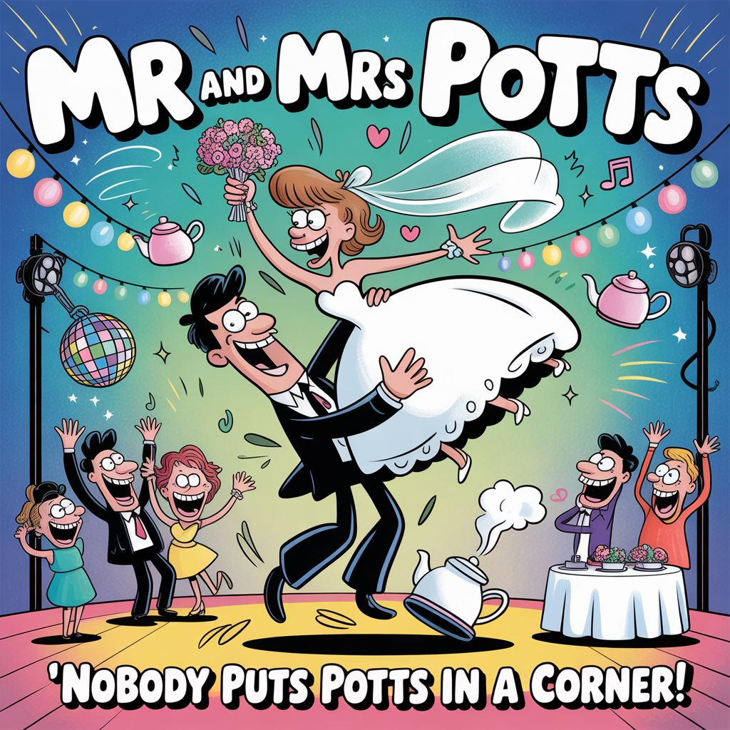 At the top of the Cartoon Style image, "Mr and Mrs Potts"

At the bottom of the Cartoon Style image, "Nobody puts Potts in a corner!"

Center scene: A playful, exaggerated cartoon wedding dance floor in bright, saturated colors and thick outlines. The groom, grinning with oversized features, performs the classic Dirty Dancing lift, holding the bride high overhead as her veil and dress swoosh like steamy teapot swirls. Confetti bursts shaped like tiny teapots and hearts spin around them; musical notes, sparkles, and motion lines amplify the energy. A disco ball scatters rainbow light; string lights and cheering, goofy-faced guests frame the scene. Comedic touches: the bride clutching a bouquet of clinking teacups, the groom’s tie flying and one sock hilariously slipping, a tipped teapot centerpiece puffing steam on a nearby table. Use bold, playful bubble lettering with thick outlines for both text lines so the headline and punch-line steal the show. Color palette: turquoise, hot pink, sunshine yellow, and royal blue. Energetic, whimsical poses throughout.
Generated with these themes: Dirty dancing, and .
Made with ❤️ by AI.