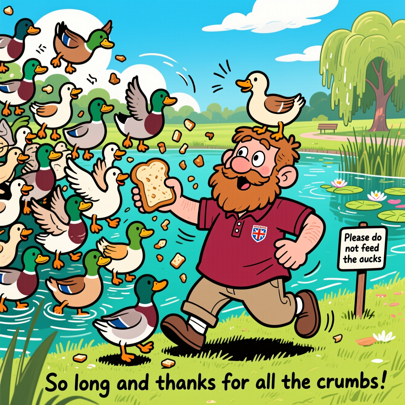Playful cartoon with thick black outlines, bright saturated colors, and bouncy, exaggerated proportions. At the edge of a sunny park pond, a small gnome-like man with a bushy beard wears a burgundy English Heritage branded polo shirt (tiny embroidered English Heritage logo on the chest). He’s being hilariously mobbed by a huge flock of expressive ducks swarming from all directions for the bread in his hands—crumbs flying, motion lines, feathers puffing. He leans back wide-eyed as ducks practically engulf him: one perched on his head, a couple tugging at his polo hem, others mid-waddle and flapping, all cute and over-eager. Lush green grass, cattails and reeds, lily pads, rippling teal water, a weeping willow, and a bright blue sky with puffy clouds. Off to one side near the bank, a small park sign on a stake clearly reads: Please do not feed the ducks. Bold cartoony shadows and energetic poses throughout; full-bleed composition with the man and ducks big in frame.

On-image caption (one short funny farewell line, small but clear near the bottom in a playful hand-lettered style): So long and thanks for all the crumbs!
Generated with these themes: .
Made with ❤️ by AI.