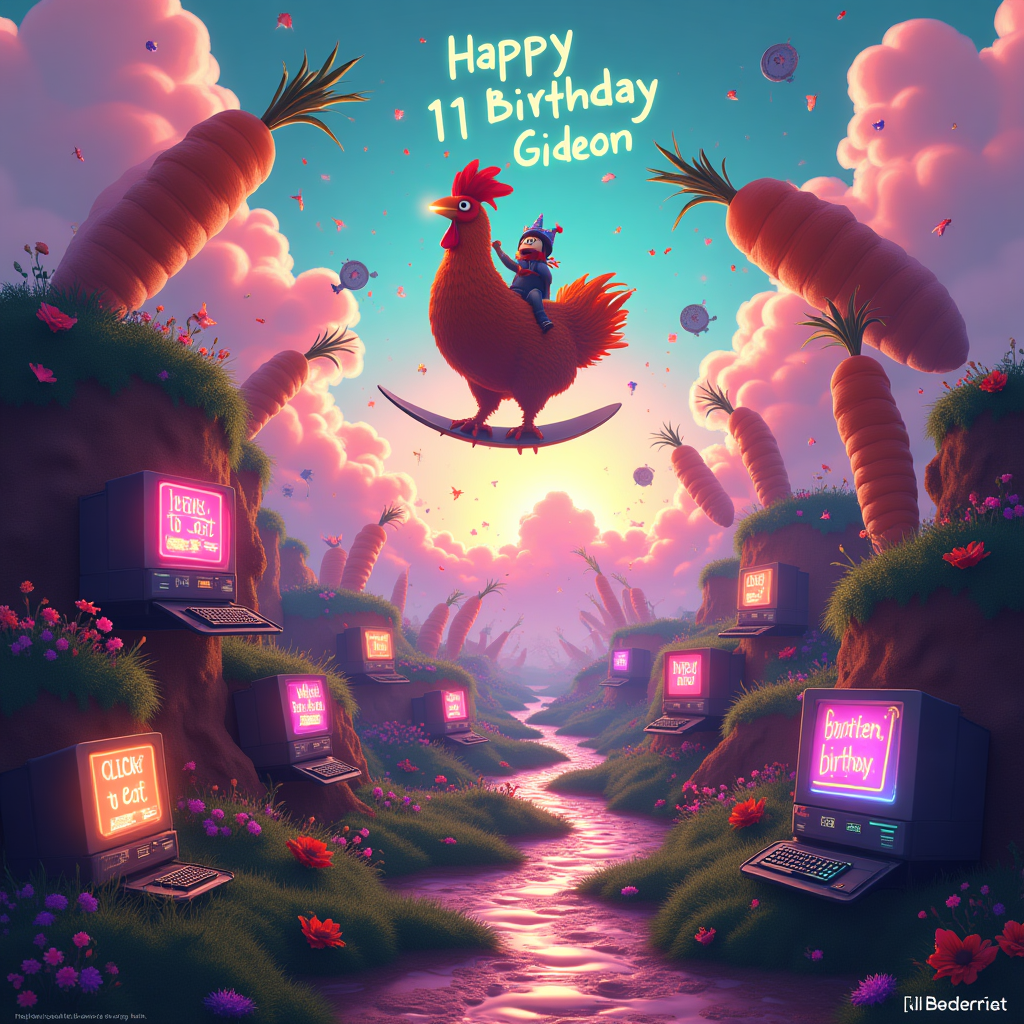 At the top of the Surreal Style image, glowing in neon letters: **Happy 11th Birthday Gideon**  

A dreamlike, surreal Roblox-inspired birthday scene:  
- A vast floating garden in the sky from *Grow a Garden on Roblox*, where giant pixelated carrots and luminous flowers sprout from floating soil cubes.  
- Enormous chicken wings sprout like surreal trees, their crispy golden skin glistening in rainbow neon light.  
- A mountain of old PCs melts into the ground like wax, their screens displaying Roblox avatars cheering and blowing out pixel-fire candles.  
- Strange neon signs hover midair, bent and curling like vines, flashing playful words such as *"Click to Eat"* and *"Level Up Birthday!"*.  
- A Roblox character in party hat rides a gigantic chicken wing as if it’s a surreal surfboard, scattering confetti that looks like glowing computer keys.  
- The sky is dreamlike and painted in swirling pastel purples, greens, and electric blues, with clocks dripping from oversized carrots in a Dali-esque twist.  

At the bottom in small glowing script: **"May your garden grow… mostly chicken wings."**  
Generated with these themes: Roblox, The game grow a garden on Roblox, Chicken wings, PCs, Neon signs, and .
Made with ❤️ by AI.