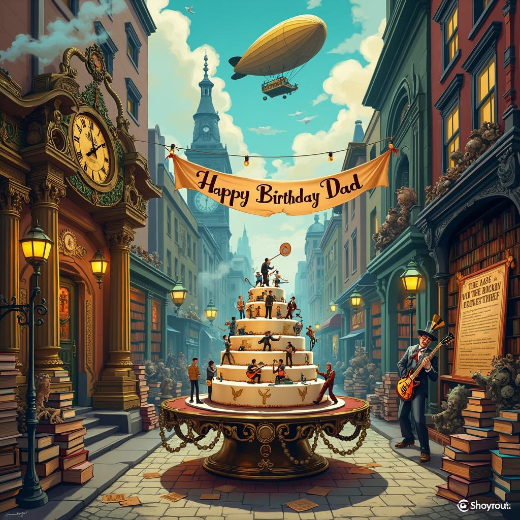 In a vibrant and bustling steampunk cityscape, a narrow cobblestone street leads to a curious open-air birthday celebration filled with whimsy and intrigue. Lining the street is an intricate mix of brass and wooden structures, adorned with whirring gears and steam-powered gadgets. To the left, a grand clockwork contraption resembling a Victorian police station hints at a true crime story, complete with wanted posters and magnifying glasses scattered about. Nearby, stacks of ornate leather-bound books are piled in haphazard towers around the station, suggesting that someone has been diligently researching the perfect heist.

At the heart of this enchanting scene, a massive round birthday cake graces an antique iron-wrought table. The cake, decorated with rock music iconography, boasts tiny figurines of classic rock stars like Jimi Hendrix and Freddie Mercury, all dressed in charming steampunk attire as they perform atop its tiers. This cake is surrounded by bookshelves crammed with vintage tomes and sheet music, their spines gleaming softly in the warm glow of nearby gas lanterns.

Above this festive gathering, a dirigible glides through a cobalt-blue sky, streaked with white steam trails. Attached to its side is a long banner reading "Happy Birthday Dad" in a captivating mix of Gothic and Art Nouveau typefaces, reminiscent of the artistic style of Aubrey Beardsley.

To the right, a cozy nook straight out of Maurice Sendak's illustrations appears, featuring a towering bookshelf where mischievous little creatures are nestled between the volumes. One book in particular stands out with its peculiar title, "The Case of the Rocking Thief," cleverly tying into the overarching true crime theme.

In the background, a stage hosts a lively steampunk band, where musicians play instruments constructed from gears and cogs, with blue smoke billowing from their makeshift amplifiers. The lead singer, sporting goggles and a top hat with a magnifying lens, strikes a dynamic pose mid-performance, adding to the electric atmosphere.

Every detail in this enchanting celebration is meticulously crafted to weave together elements of steampunk aesthetics, true crime intrigue, rock music enthusiasm, and a profound love for books, culminating in a wonderfully complex birthday celebration for Dad. 

Generated with these themes: Steampunk, True Crime, Rock Music, Blue, and Books.  
Made with ❤️ by AI.