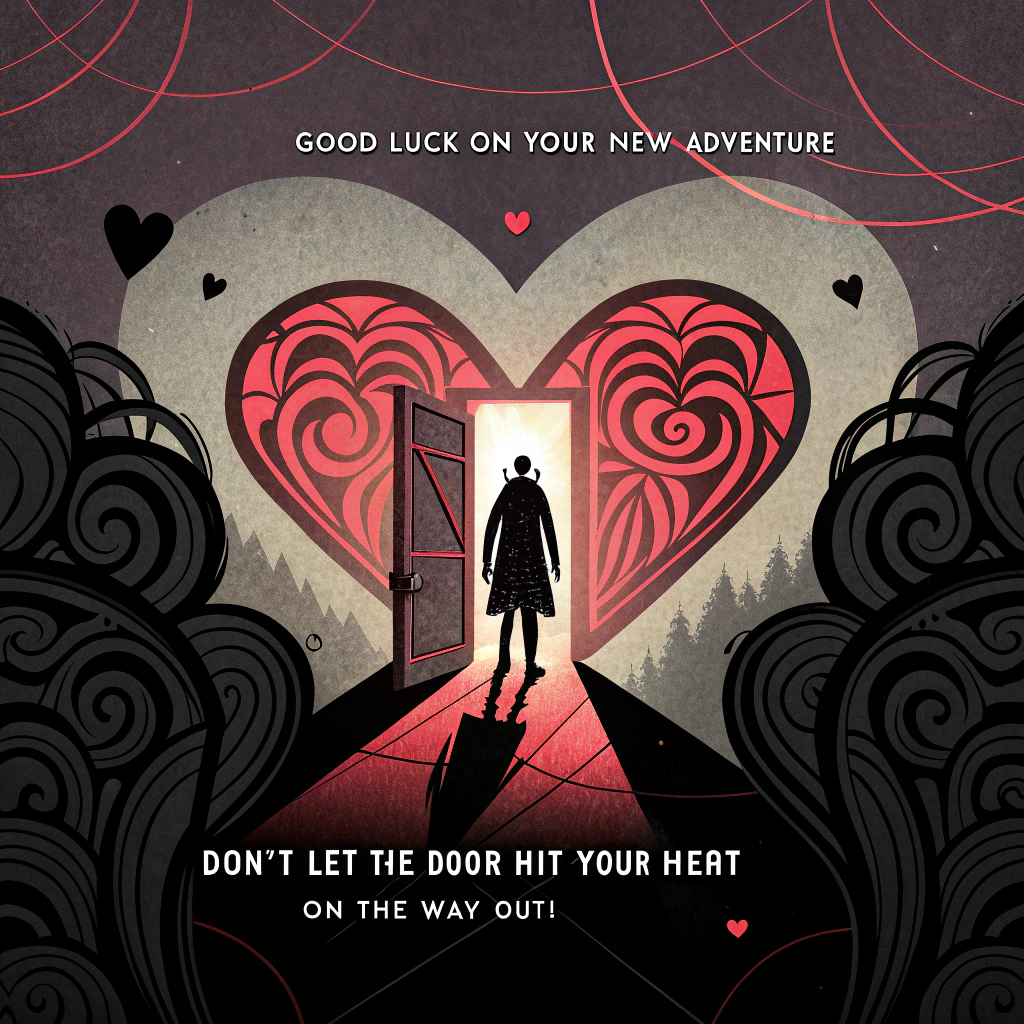 At the top of the image, "Good luck on your new adventure":

    At the bottom of the image, "Don't let the door hit your heart on the way out!"

    - Create an abstract composition with swirling shadows and vibrant heart motifs interwoven with dramatic geometric shapes.
    - Add a ghostly, gothic figure standing at an open door, their heart depicted as an ornate, swirling mass of intertwining red and black organs, making a grand exit.
Generated with these themes: Spooky , Gothic , Dark, Heart, Organs, , and .
Made with ❤️ by AI.