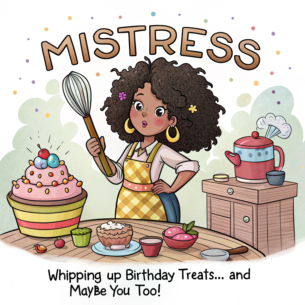 At the top of the image, "Mistress"  

At the bottom of the image, "Whipping up birthday treats... and maybe you too!"  

In the center, illustrate a playful cartoon-style scene of a confident Colombian woman with big, bouncy black curly hair, wearing a cute apron over a cheeky leather outfit, standing in a colorful kitchen. She’s holding a wooden spoon in one hand and a coiled whip in the other, winking mischievously. A bubbling pot of Colombian arepas and empanadas sits on the stove, with heart-shaped steam rising. The kitchen is full of bright, saturated colors and festive decorations like balloons and bunting, creating a fun, flirty birthday vibe.
Generated with these themes: Bdsm , Femdom , Black curly hair , Cooking , Colombia , , and .
Made with ❤️ by AI.