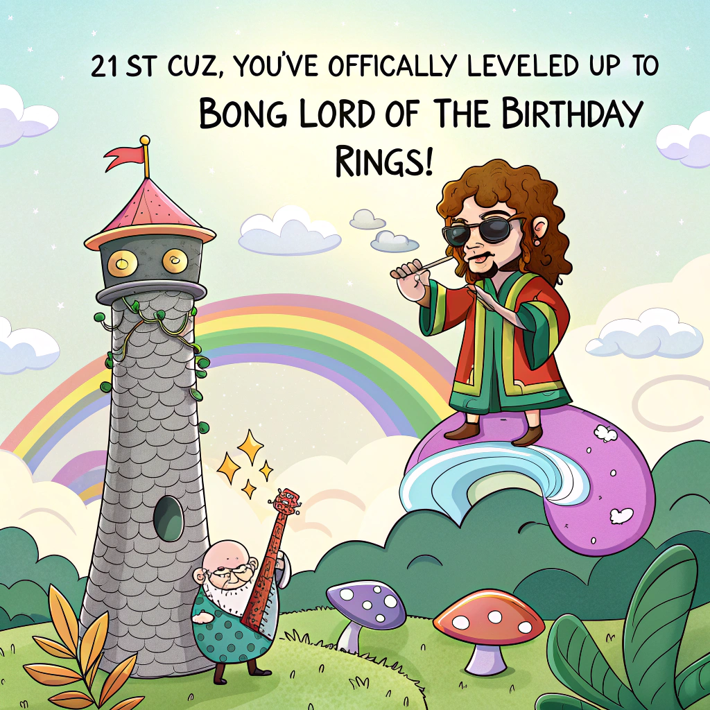 At the top of the image, "21st Cuz, you've officially leveled up to Bong Lord of the Birthday Rings!"

- Illustrate a whimsical, cartoon-style scene set in a fantasy-stoner world.  
- 21st Cuz, a chill, hobbit-esque character in tie-dye robes and sunglasses, stands atop a giant glittery bong shaped like a wizard’s tower.  
- A smoking dragon with bloodshot eyes curls around the tower, puffing clouds that spell “Happy Birthday.”  
- Below, happy little pot-leaf creatures are dancing around a weed-leaf cake with 21 blazing candles.  
- The overall color scheme is vibrant, trippy, and psychedelic—full of purples, greens, and swirling patterns.  
- The mood is celebratory, quirky, and unmistakably high-spirited (pun very intended).
Generated with these themes: Weed, Bongs, and Stoner .
Made with ❤️ by AI.