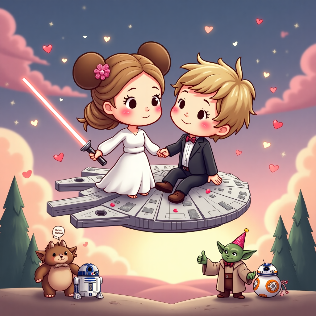 **Prompt for Image Generation:**

*At the top of the cartoon image, include:*  
**"May the Love Be With You, Tom & Amy!"**

**Image Description:**  
Create a cute, whimsical cartoon image with a romantic and light-hearted Star Wars theme. Tom and Amy are styled as Disneyfied versions of Princess Leia and Luke Skywalker — with a fun twist: Amy (blonde hair in Disney-style flowing curls) wears a white space-gown with floral touches and Mickey Mouse ears styled like Leia’s iconic buns, while Tom (also in blonde) sports a lightsaber, space tuxedo, and Han Solo-inspired boots. They're floating hand-in-hand above the moon of Endor on a tiny pastel Millennium Falcon decorated with hearts, glitter trails, and a "Just Married – 1 Year Ago!" sign trailing behind.

Above them, cute Ewoks are throwing flower petals from the treetops. R2-D2 and BB-8 wear little party hats and blow streamers, while Yoda officiates with a big thumbs-up and a tiny bow tie.

Add floating heart-shaped stars in the galaxy behind, with subtle sparkles, and a background filled with dreamy pink, purple, and starry pastel blue skies for a sweet and magical vibe. Keep everything in a soft, cartoonish, romantic style with lots of cuteness and playful nods to both Star Wars and Disney romance.
Generated with these themes: May the Force Be With You, Star wars wedding, 1st wedding anniversary , Blonde hair, and Disney .
Made with ❤️ by AI.