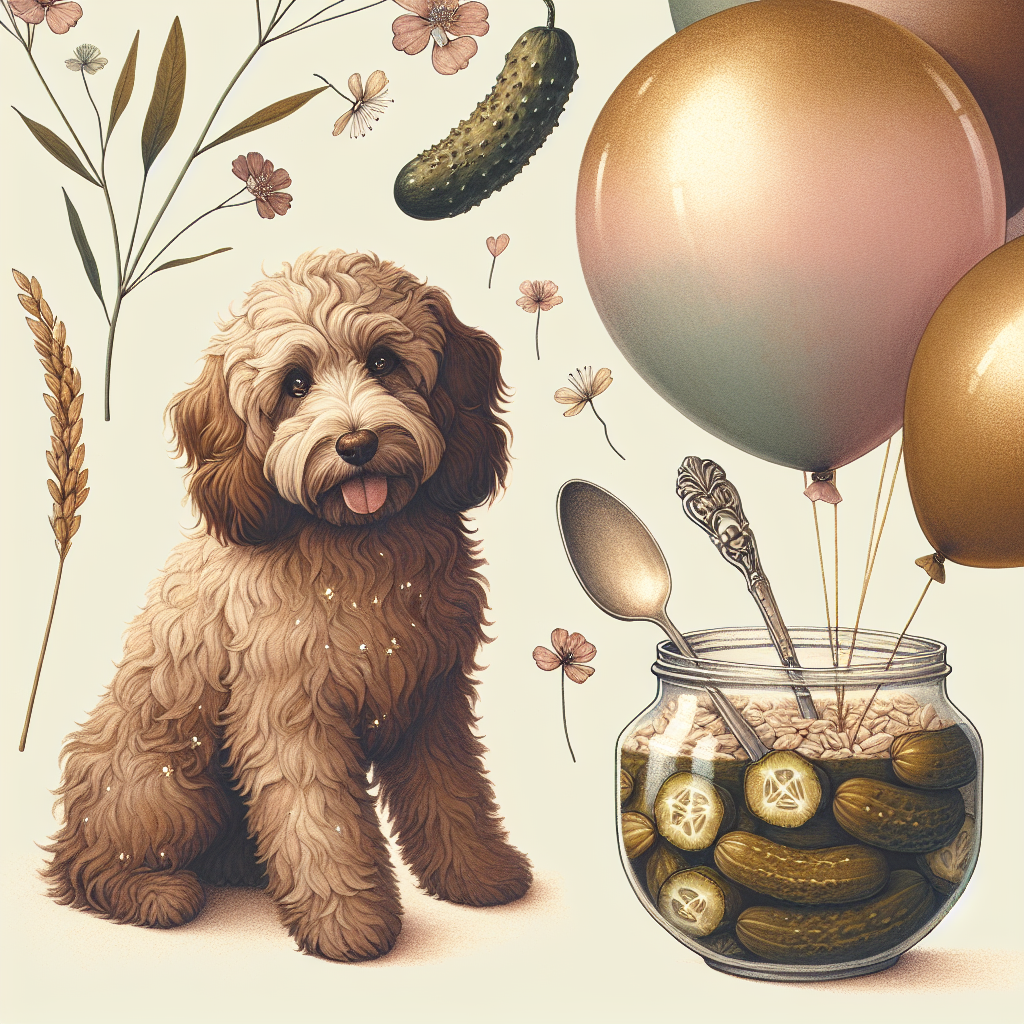Brown and gold cockapoo dog, Jar of gherkins, Rice cereal, Silver spoons, and Floral Birthday Card