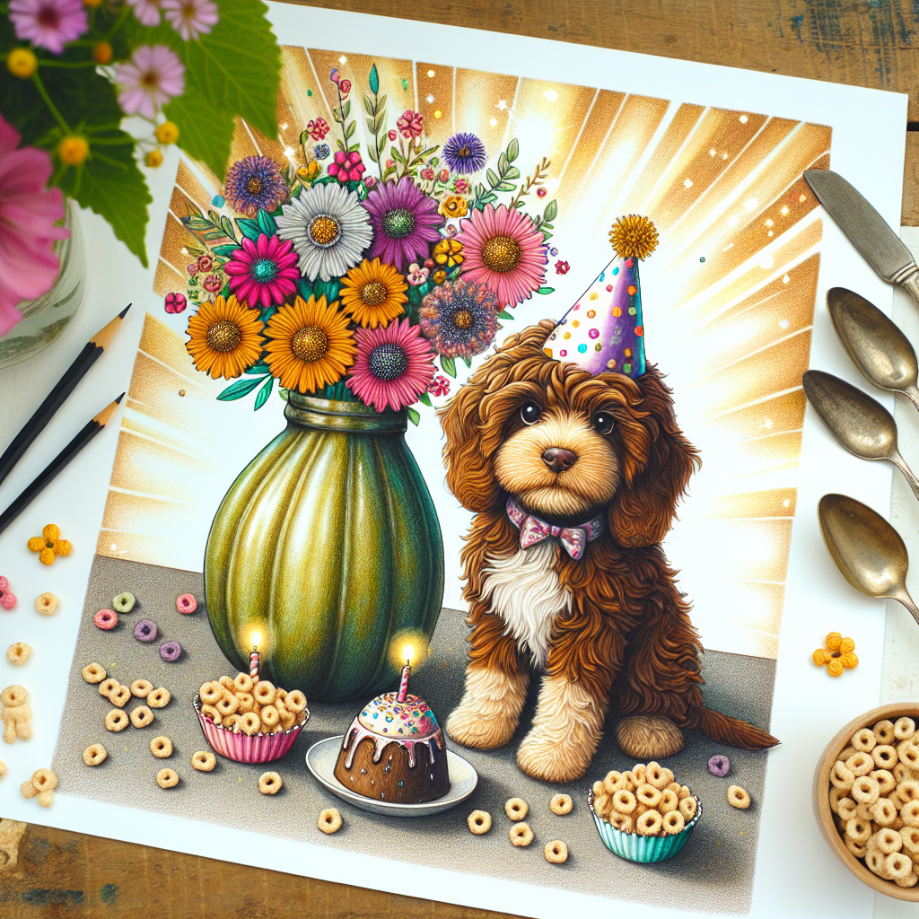 Brown and gold cockapoo dog, Jar of gherkins, Rice cereal, Silver spoons, and Floral Birthday Card