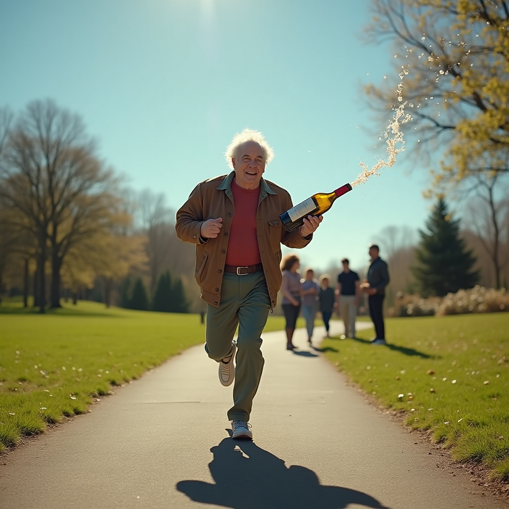 At the top of the Photorealistic picture taken from a camera image, include the text: **Happy Birthday Seonaid!!**

---

**Scene Description:**

In a vibrant park setting under a clear blue sky, an elderly man dressed in classic '90s Jerry Seinfeld attire is comically sprinting. He clutches a wine bottle in one hand, its cork mid-pop, spewing an elegant arc of wine in the air. His expression is one of exaggerated determination and joy. The running man's shadow is lengthened across the path, capturing the golden hour of a late afternoon. A small group of people in the background, perhaps nodding in Seinfeld-esque disapproval, watch the scene unfold, their faces captured in humorous disbelief. The details in the textures of the running shoes, the fabric of the clothes, and the glistening droplets of wine are impeccably realistic, highlighting every nuance in ultra-high-definition 4K. 

**Text on Image (Optional):** "Running late? Wine not!"
Generated with these themes: Running , Wine, Seinfeld , and .
Made with ❤️ by AI.