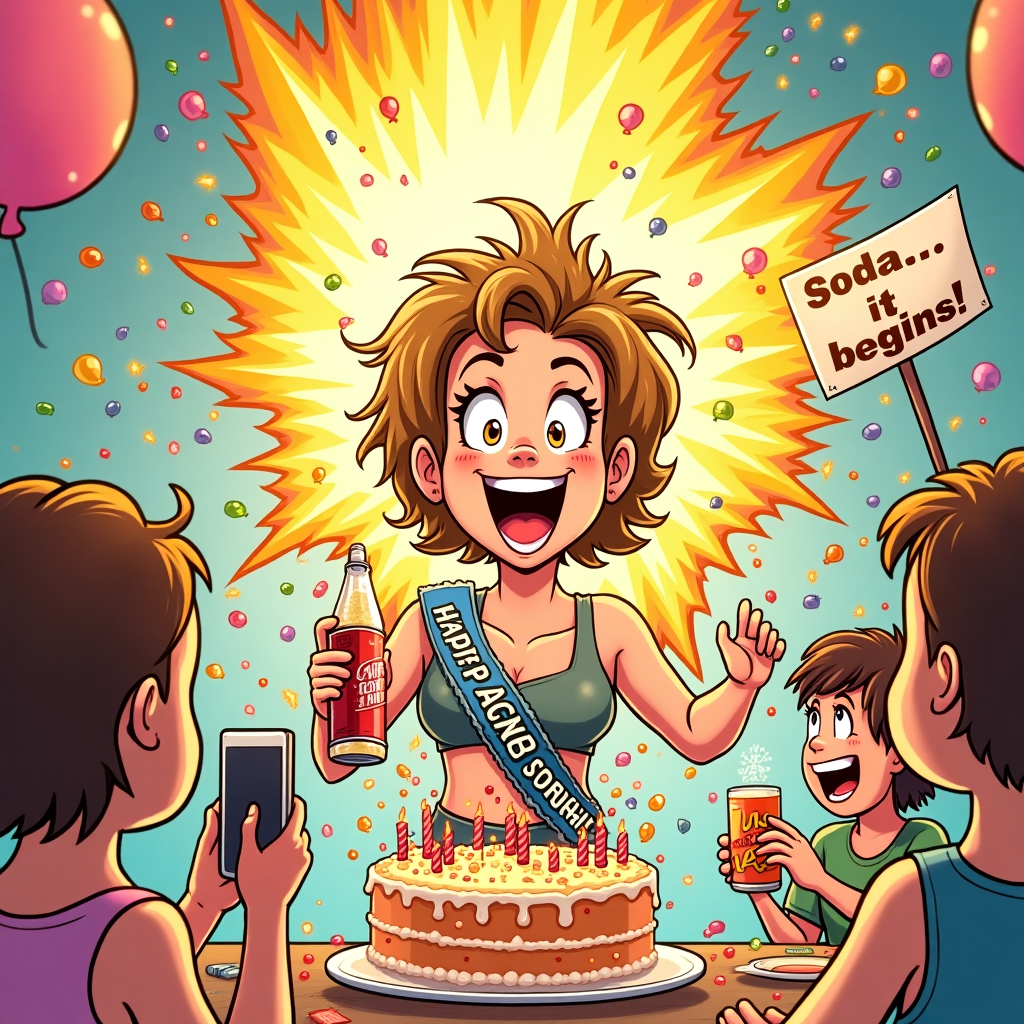 Club soda exploding on woman with short light brown hair who is opening it Birthday Card