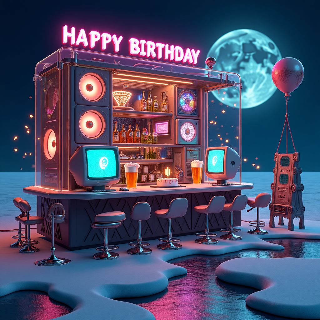 At the top of the Surreal Style image, “Happy Birthday, Jake” in glowing ale-foam neon shaped like pixelated letters, gently floating like bubbles

Dreamlike, Dali-inspired surrealism: a whimsical pub fused with a colossal transparent PC tower on a moonlit salt flat. The bar counter is a glossy mechanical keyboard—chunky keycaps as coaster tiles, an elongated spacebar forming the bartop. Pint glasses are retro CRT monitors brimming with luminous amber ale, liquid screens swirling softly. Chrome beer taps are arcade joysticks, pouring glittering streams of binary lager that meander into puddles shaped like game icons. Melting game controllers drape over the taps like soft clocks; a computer mouse oozes into a foamy coaster, its cable looping into an infinity symbol. RGB fans as stained-glass windows cast ethereal cyan and magenta beams through drifting hop-fog. Barstools are giant analog sticks wearing proud foam mustaches. A circuit-board pool table glows emerald, with capacitor legs and cue sticks made of lit USB cables. A birthday “cake” shaped like a GPU heatsink sits on the bar, tiny USB-candles flickering. Pixel-sprite confetti and floating keycaps drift in the air; glossy trackball balloons bob against a sky of velvet midnight blue. A river of beer runs along motherboard traces, reflecting the neon greeting above. Softly melting edges, playful scale shifts, long painterly shadows, and sparkling dust motes. Color palette: warm ale golds, neon cyan, royal violet, soft peach highlights, deep midnight blues. Cinematic wide composition, ethereal lighting, otherworldly calm with cheeky humor.

At the bottom of the image, a small cheeky caption on a hanging pub sign shaped like a graphics card: “May your ping be low and your pint be full.”
Generated with these themes: Pc gaming , Pub, and .
Made with ❤️ by AI.