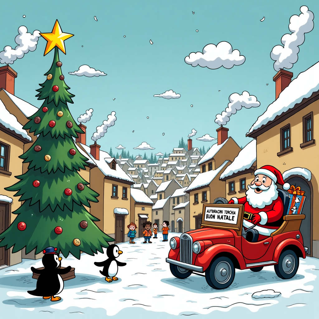 The scene unfolds in a whimsical snow-draped Italian village, echoing a blend of classic comics and festive cheer. The village square is bustling with activity as cartoonish townsfolk, reminiscent of a fusion between Schulz's Peanuts and Disney characters, prepare for a grand Christmas celebration. In the foreground, an animated Christmas tree stands majestically, adorned with quirky decorations like tiny tire ornaments and shiny car parts, nodding to the recipient's automotive connection. Perched atop the tree, a bright, cheerful star twinkles with playful eyes and a wide grin, as if taking a cue from Watterson's Calvin and Hobbes. 

On the right side, a jolly Santa Claus, channeling the exuberance of Tezuka's Astro Boy, emerges from an open-top sleigh filled with presents. This sleigh is ingeniously designed to resemble a vintage car, complete with a dashboard and headlights, parked on a fluffy layer of snow. Santa, with a wink and a mischievous smile, holds a gift-wrapped box emblazoned with a banner that reads "AUTORICAMBI TORCHIA BUON NATALE" in vibrant, festive lettering that sparkles in the winter light.

In the background, the village rooftops, inspired by Hergé’s detailed architectural style, are covered in a soft blanket of snow, with smoke curling lazily from chimneys into a clear, azure sky. Above, puffy cartoon clouds shaped like friendly animals drift by, while snowflakes dance around them, casting a spell of whimsy over the scene. The clouds themselves are humorously arranged to subtly spell out "BUON NATALE," as if orchestrated by a hidden artist. 

Off to the side, a group of children, perhaps inspired by the adventurous spirit of Tintin, are engaged in a merry snowball fight, their expressions captured with Eisner's dynamic flair. Meanwhile, a curious penguin, straight out of a Far Side comic, waddles by, wearing a scarf and spectacles, examining a map upside-down as if trying to navigate his way to the party.

This lively tableau captures the festive spirit of "AUTORICAMBI TORCHIA BUON NATALE," intertwining humor, holiday cheer, and a nod to the recipient's interests in an unforgettable greeting card cover.
Generated with these themes: BUON NATALE .
Made with ❤️ by AI.