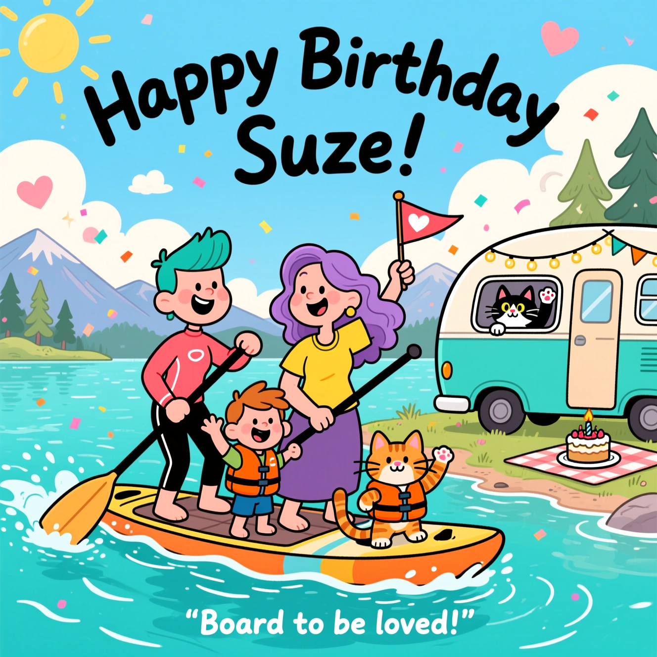 At the top of the Cartoon Style image, place the text “Happy Birthday Suze” in big, joyful hand-lettering arcing across a sunny sky.

A sincere, playful cartoon lakeside scene with thick black outlines, exaggerated proportions, and bright, saturated colors. Center stage: a family paddle board gliding over sparkling turquoise water. A loving lesbian couple (two mums) paddle with warm smiles, one with a short teal undercut and coral rash guard, the other with long wavy purple hair and a sunny yellow top; their young son stands safely between them in an orange life jacket, grinning and waving a tiny heart-shaped pennant. A ginger tabby in a mini life vest proudly rides at the bow; a tuxedo cat peeks from the window of a retro teal-and-cream camper van parked on the shore, paw raised as if waving. The camper van is decorated with string lights and simple bunting; a picnic blanket and a small birthday cake on a plate sit nearby. Gentle mountains and pines in the background, puffy clouds with subtle heart-shaped hints, sunbeams and confetti-like sparkles to elevate the celebratory feel. Water splashes and motion lines add an energetic, whimsical vibe. Soft cel-shading, bouncy shapes, friendly eyes, and affectionate expressions to keep the mood sincere and loving.

At the bottom in a small, playful caption: “Board to be loved!”
Generated with these themes: Lesbian, paddle boarding, camper van, cats,son, and .
Made with ❤️ by AI.