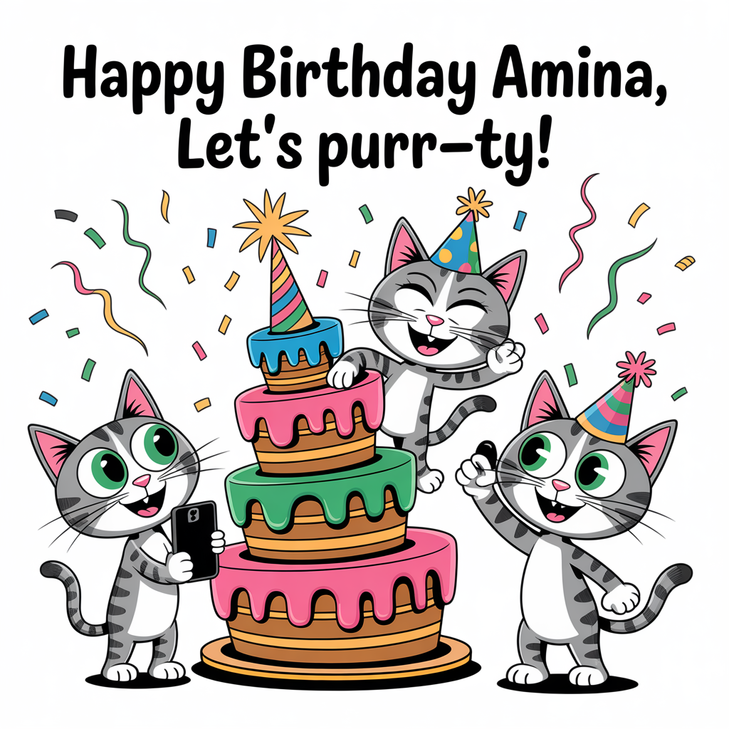 At the top of the image, "Happy Birthday Amina, let's purr-ty!"

In the center, create a playful cartoon scene with a trio of quirky cats. One cat is playfully tapping a smartphone, another is gleefully jumping into a towering, multi-layered birthday cake with vibrant, colorful icing, and the third is snapping a selfie with a cheeky grin and a party hat tilted to the side. The background bursts with confetti, adding to the celebratory mood.
Generated with these themes: Cats, cake, mobile, and .
Made with ❤️ by AI.