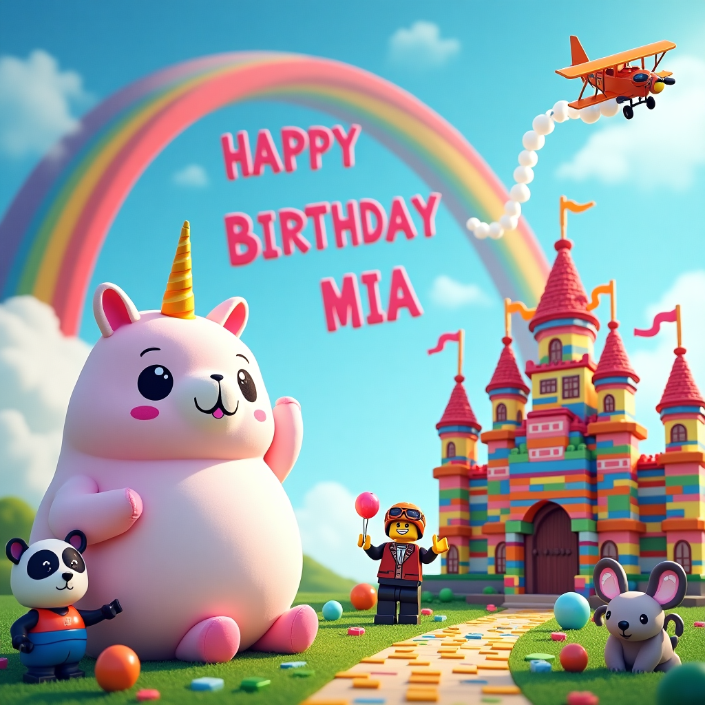 In this whimsically imaginative birthday scene, we find ourselves in a fantastical, brightly-colored universe where Squishmallows, LEGO bricks, rainbows, and skywriting planes all come together to celebrate Mia's special day. At the forefront, a giant Squishmallow—a plushy and adorable creature resembling a plump unicorn with pastel hues and sparkly eyes—sits comfortably on a vast LEGO landscape. The LEGO blocks, in every color imaginable, create a sprawling, detailed birthday castle complete with turrets and flags. This architectural marvel serves as the Squishmallow’s throne.

Arching above this lively scene is a radiant rainbow, its prismatic colors glimmering vividly against a clear sky. The rainbow’s curve almost seems to cradle the castle, casting a magical glow upon everything below. On the horizon, a small, vintage-style biplane buzzes across the sky, trailing a fluffy white smoke trail that loops and curls. In a creative burst of skywriting artistry, the plane spells out "HAPPY BIRTHDAY MIA" in large, playful letters that stretch from one end of the sky to the other, each letter dancing among the fluffy clouds.

Below, scattered around the LEGO castle, smaller Squishmallows—depicting animals like a cheerful fox, a bashful panda, and a snoozy koala—frolic playfully, some holding colorful balloons shaped like LEGO bricks, while others gaze up in wonder at the skywriting. In the foreground, a LEGO character—dressed like a classic cartoon pilot with oversized goggles and a beaming smile—waves energetically at the scene, one hand holding a small, rainbow-sprinkled cupcake with a single candle flickering in the gentle breeze.

The scene is bursting with detail: each LEGO brick meticulously illustrated, the fluffiness of the Squishmallows almost tangible, and the vibrant colors of the rainbow reflecting off the LEGO pieces. The name "MIA" stands out prominently in the sky, ensuring that the birthday message is as joyful and personalized as it is colorful.
Generated with these themes: SQUISHMALLOW, LEGO, RAINBOW, and PLANE WRITING NAME.
Made with ❤️ by AI.