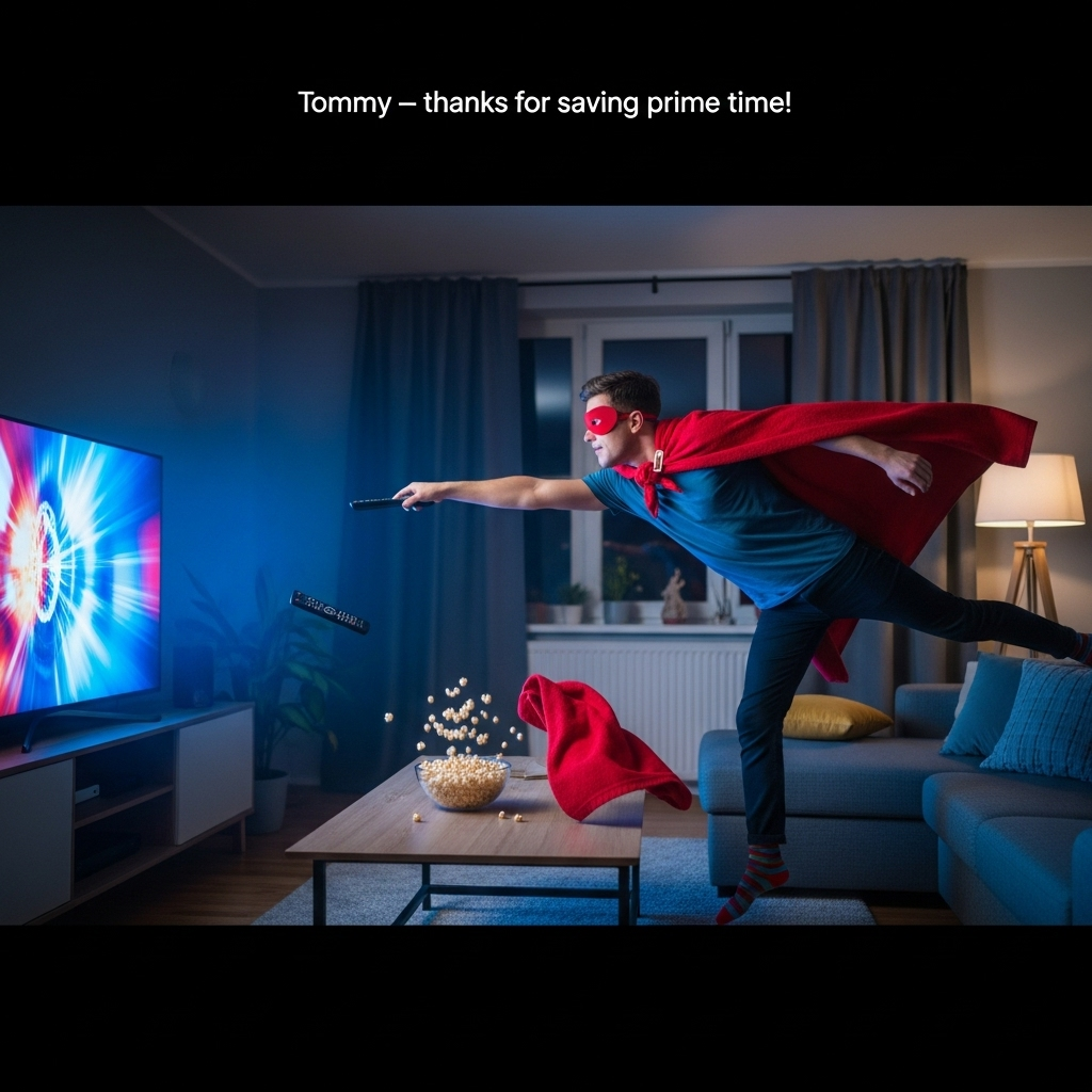 At the top of the Photorealistic picture taken from a camera image, Tommy — thanks for saving prime time!

Ultra-high-definition 4K UHD, realistic, funny scene: A cozy living room at night, lit mostly by the glow of a giant flat-screen TV. In mid-air, a homemade, generic superhero (no logos) in a bright red bath-towel cape clipped at the shoulders, simple eye mask, and mismatched socks launches off the sofa, arm outstretched to heroically snatch a TV remote that’s tumbling off the coffee table. Popcorn kernels hang frozen mid-flight, a bowl tipping, cape fluttering with believable fabric texture. The TV displays a vivid, text-free “channel” of colorful moving shapes and light, casting cinematic blue and magenta reflections across the room. Rich depth of field: sharp focus on the superhero and remote, gently blurred background—plush couch, scattered cushions, a floor lamp providing soft fill. Shot from low angle near the coffee table for dynamic, comic-book drama. True-to-life lighting, natural skin tones, lifelike textures (woven sofa fabric, shiny plastic remote, wooden floor grain), subtle motion blur on the cape edge for energy. Camera feel: full-frame DSLR, 35mm, f/1.8, fast shutter, ISO 1600; crisp, clean, no visible brand names or recognizable characters. Set the caption as small, clean white sans-serif at the very top-center with a faint shadow for readability, keeping the image dominant and the mood cheeky, grateful, and cinematic.
Generated with these themes: Superhero , Television, and .
Made with ❤️ by AI.