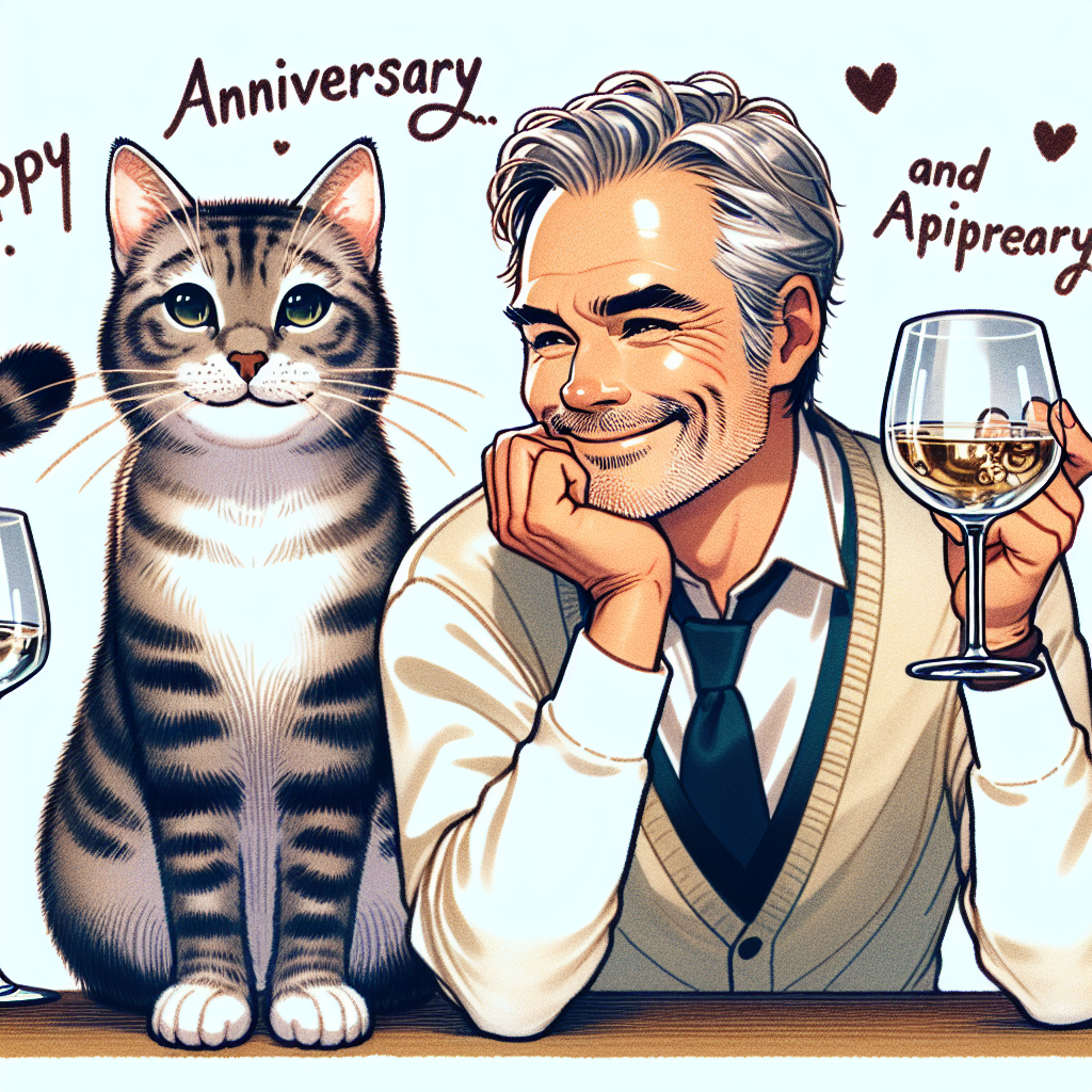 Tabby cat with white socks drinking out of a glass, and White man, 50 years old, hazel eyes, brown hair average height drinking a cocktail Anniversary Card