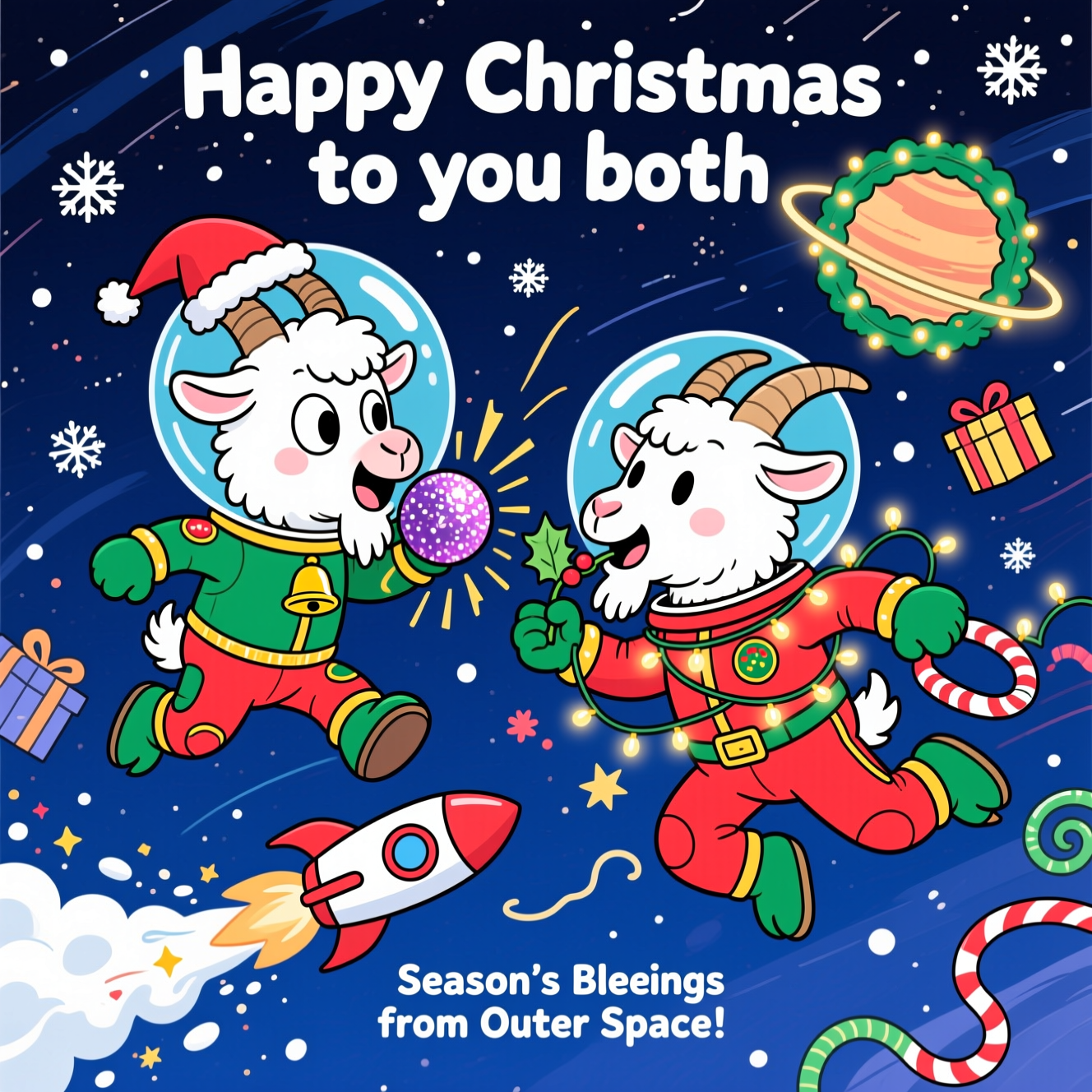 At the top of the Cartoon Style image, Happy Christmas to you both

Funny, playful Christmas Cartoon Style scene in outer space: two fluffy white billy goats with exaggerated proportions (big heads, expressive eyes, stumpy hooves), thick bold outlines, and bright saturated colors, floating in zero‑gravity with oversized bubble helmets and festive red‑and‑green spacesuits (gold trim, jingle bell patches, tiny Santa hats perched on the helmets). One goat is mid-headbutt with a glittery Christmas bauble-asteroid, with comic impact lines and sparkles; the other goat is tangled in twinkling fairy lights and nibbling a floating sprig of holly, legs splayed in an energetic, goofy pose. A candy-cane rocket whooshes past leaving a trail of star-dust “snow,” while a ringed planet is wrapped like a glowing wreath with strings of lights. Deep indigo galaxy backdrop dotted with snowflake-shaped stars, floating gift boxes, and swirls of tinsel. Add a small, cheeky curved caption near the bottom: Season's Bleatings from Outer Space! Cel-shaded color, crisp clean linework, thick outlines, high-contrast lighting with a soft rim glow, dynamic composition, big image area with the two goats as the clear focus.
Generated with these themes: Two white Billy goats and space, and .
Made with ❤️ by AI.