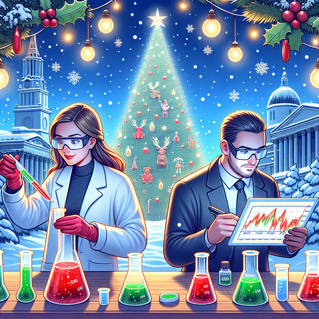 Female scientist with white skin and brown long hair, Male forex trader with white skin and short brown hair, and London Christmas Card